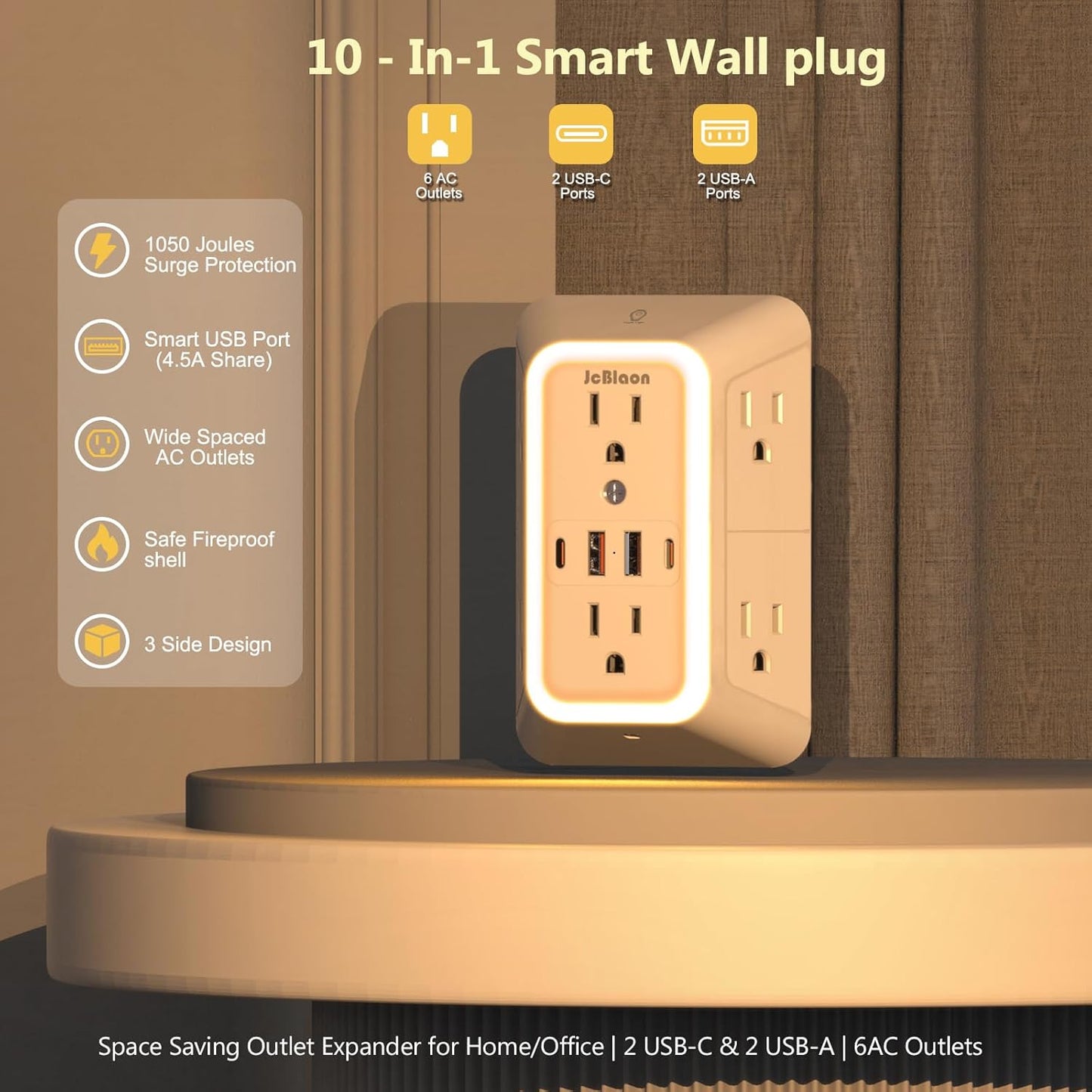 Wall Outlet Extender with Night Light, Power Plug Adapter 6 Outlet Extender with 4 USB Charging Ports 1050J Power Strip Multi Plug Adapter Spaced for Home Travel Office (2A2C)