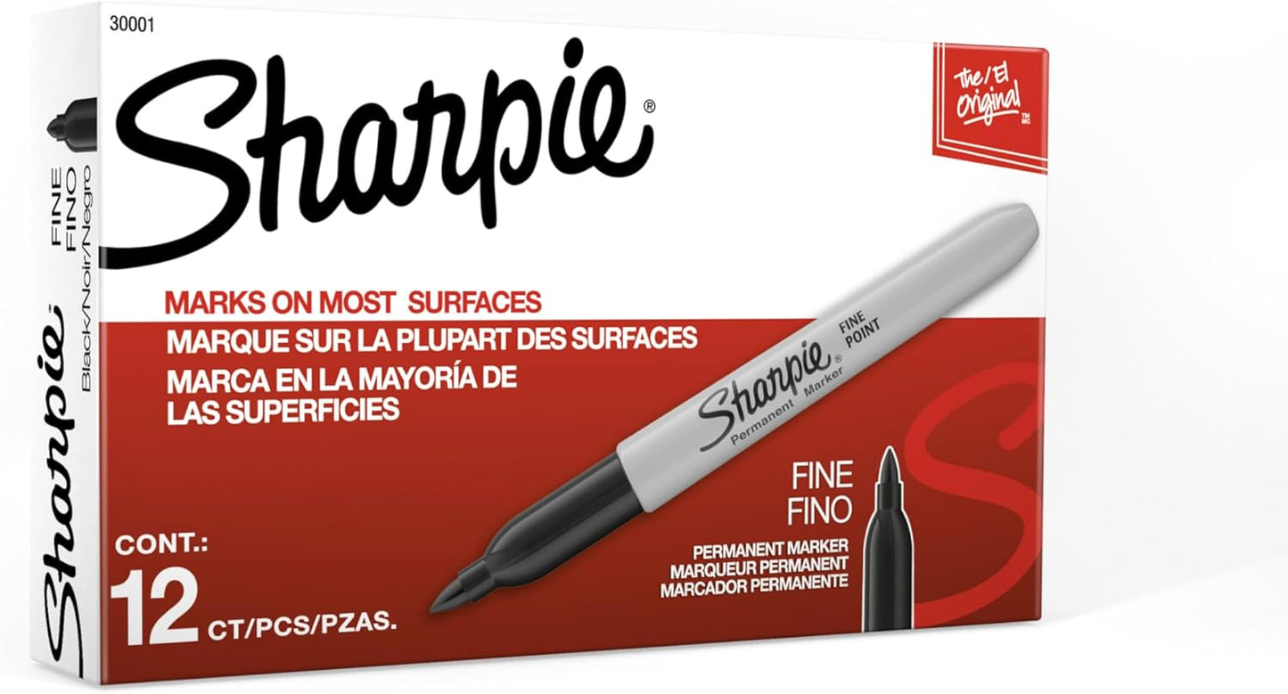 Sharpie Permanent Markers, Fine Point, Black, 12 Count