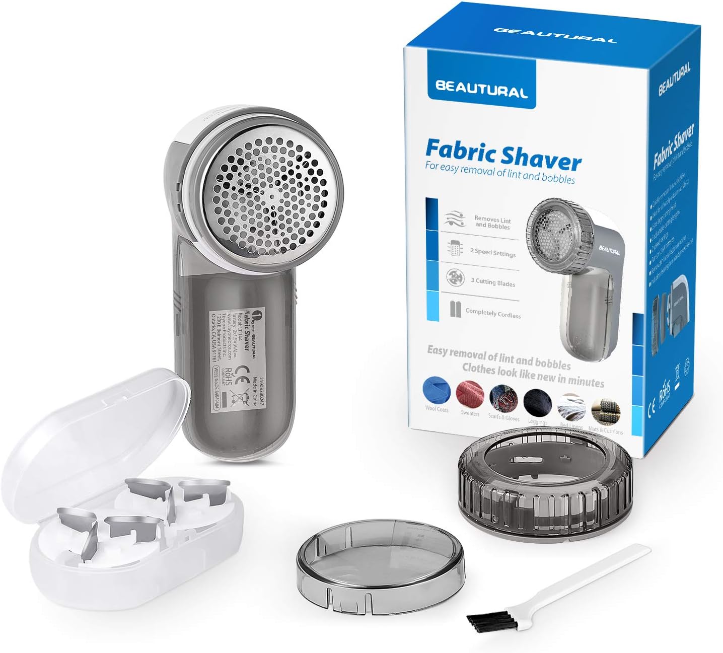 BEAUTURAL Fabric Shaver and Lint Remover, Sweater Defuzzer with 2-Speeds, 2 Replaceable Stainless Steel Blades, Battery Operated, Remove Clothes Fuzz, Lint Balls, Pills, Bobbles