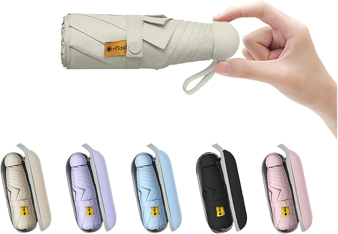BAODINI Travel Essentials Mini Umbrella for Purse With Case Small Compact UV Sun Protection Lightweight Tiny Pocket Manual Open Close Umbrella for Women Kids and Men Fits Purse Backpack