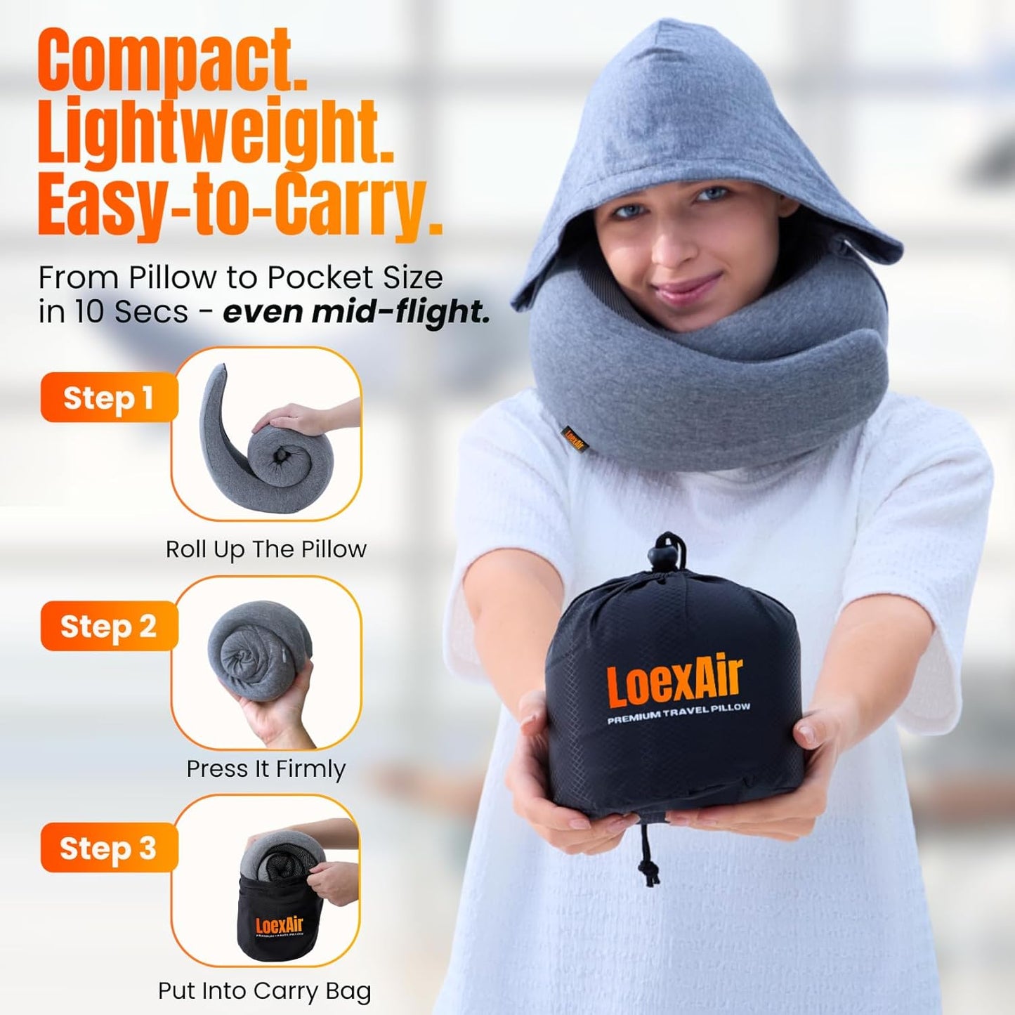 Hooded Pro Travel Pillow - Memory Foam Neck Support Pillow with Hood for Airplane, Flight - 100% Cotton Fabric, Maximum Privacy & Light-Block Design, Lightweight Full Travel Kit - Light Grey