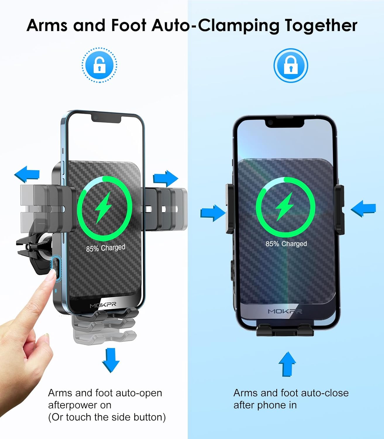 Wireless Car Charger, MOKPR 15W Fast Charging Auto-Clamping Car Phone Holder Wireless Charger Air Vent Car Phone Mount for iPhone17/16/15/14/13/12 pro/12/11/X/8, Samsung Galaxy S24/S23/S22/S21/S20