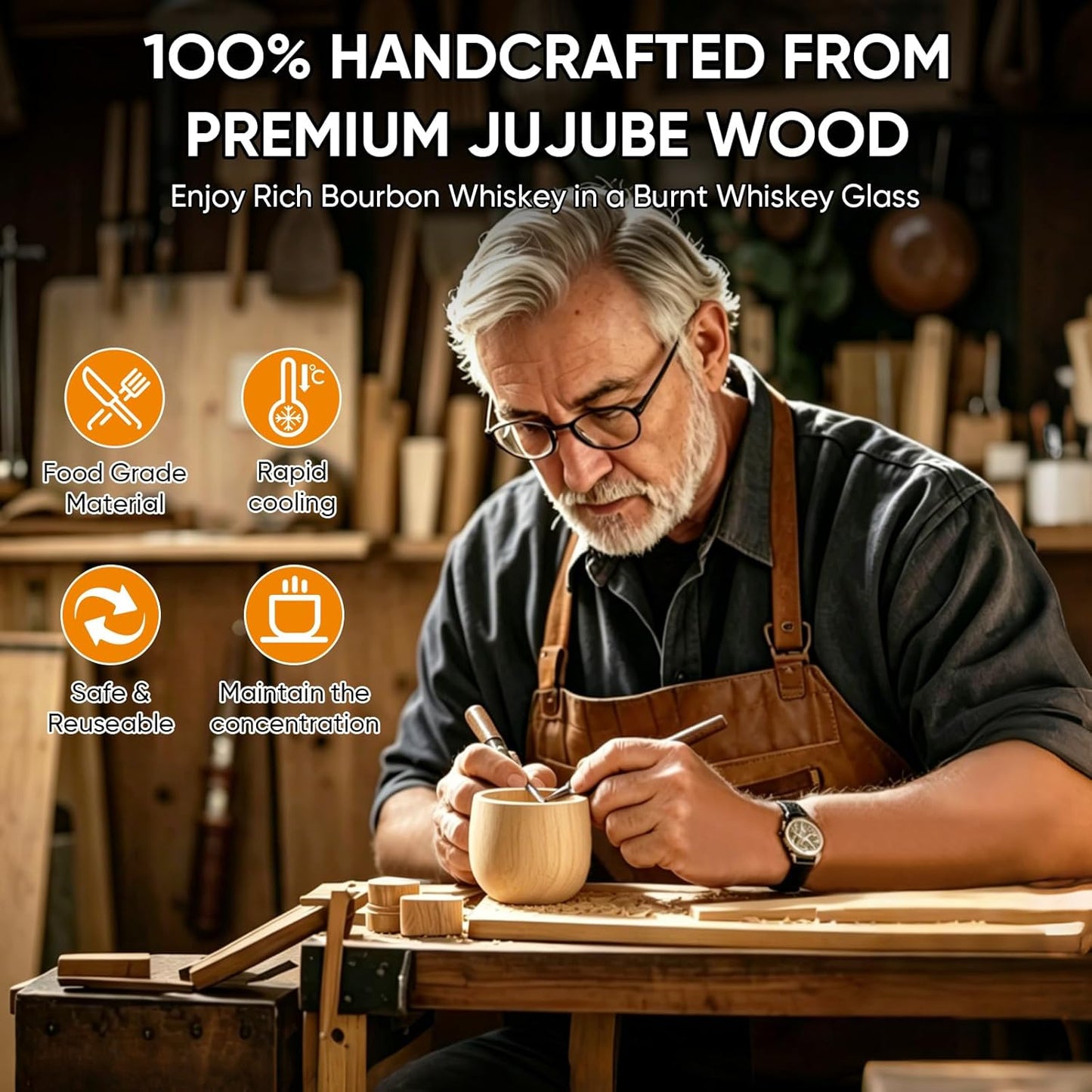 Charred Wooden Bourbon Drinking Glass Set with Whiskey Ice Stones & Tongs, 2 Pack 10oz Old Fashioned Whiskey Glasses, Perfect Presents for Boyfriend Father Friends