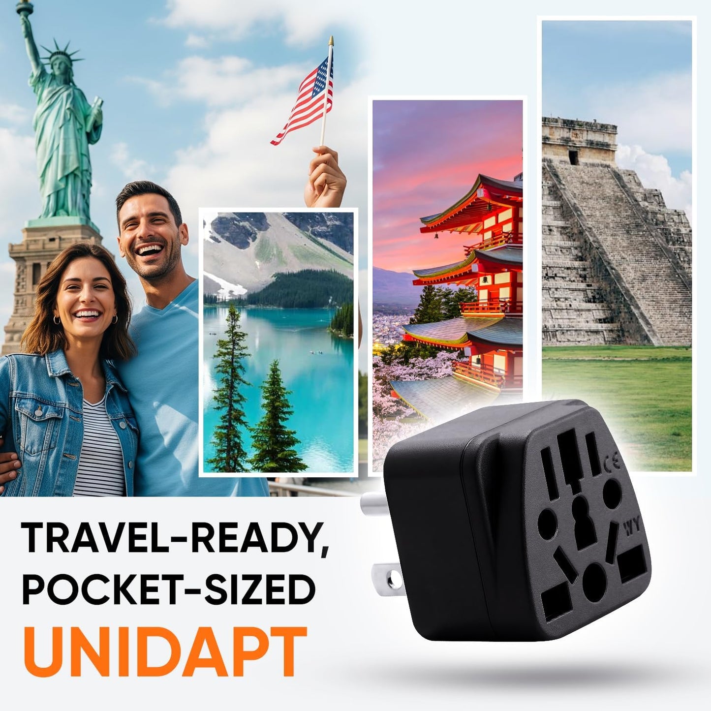 Unidapt US Canada Travel Plug Adapter EU/UK/AU/in/CN/JP/Asia/Italy/Brazil to USA Type B, Unidapt Grounded USA Canada Wall Plug, EU to US Travel Adaptor and Converter, Power Outlet Wall Charger (1)