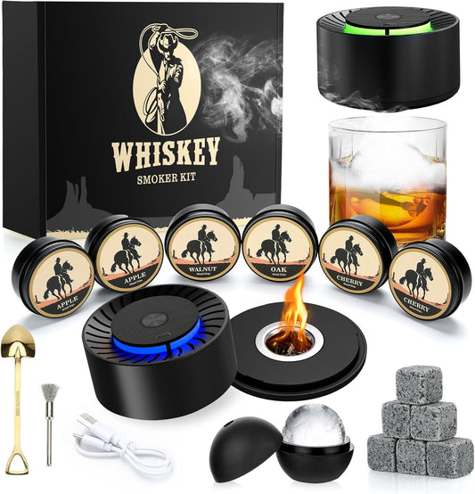 Electric Whiskey Smoker Kit - Old Fashioned Cocktail Smoker Kit with 6 Wood Chips No Butane Needed, Rechargeable Drink Smoker Set with Lights, Bourbon Gift Ideas for Men Dad Husband