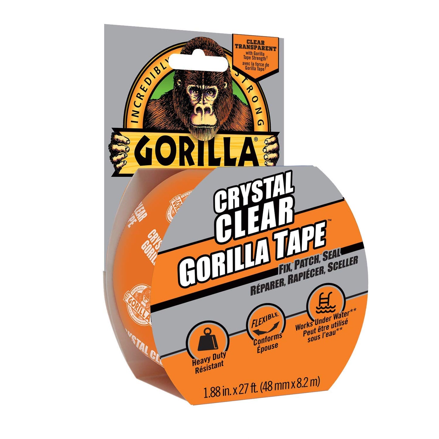 Gorilla Crystal Clear Tape, Duct, Utility, Non-Yellowing, Heavy Duty, Extra Thick Adhesive, Flexible, UV Temperature Resistant, 1.88 in x 27 ft, (Pack of 1), 6127002