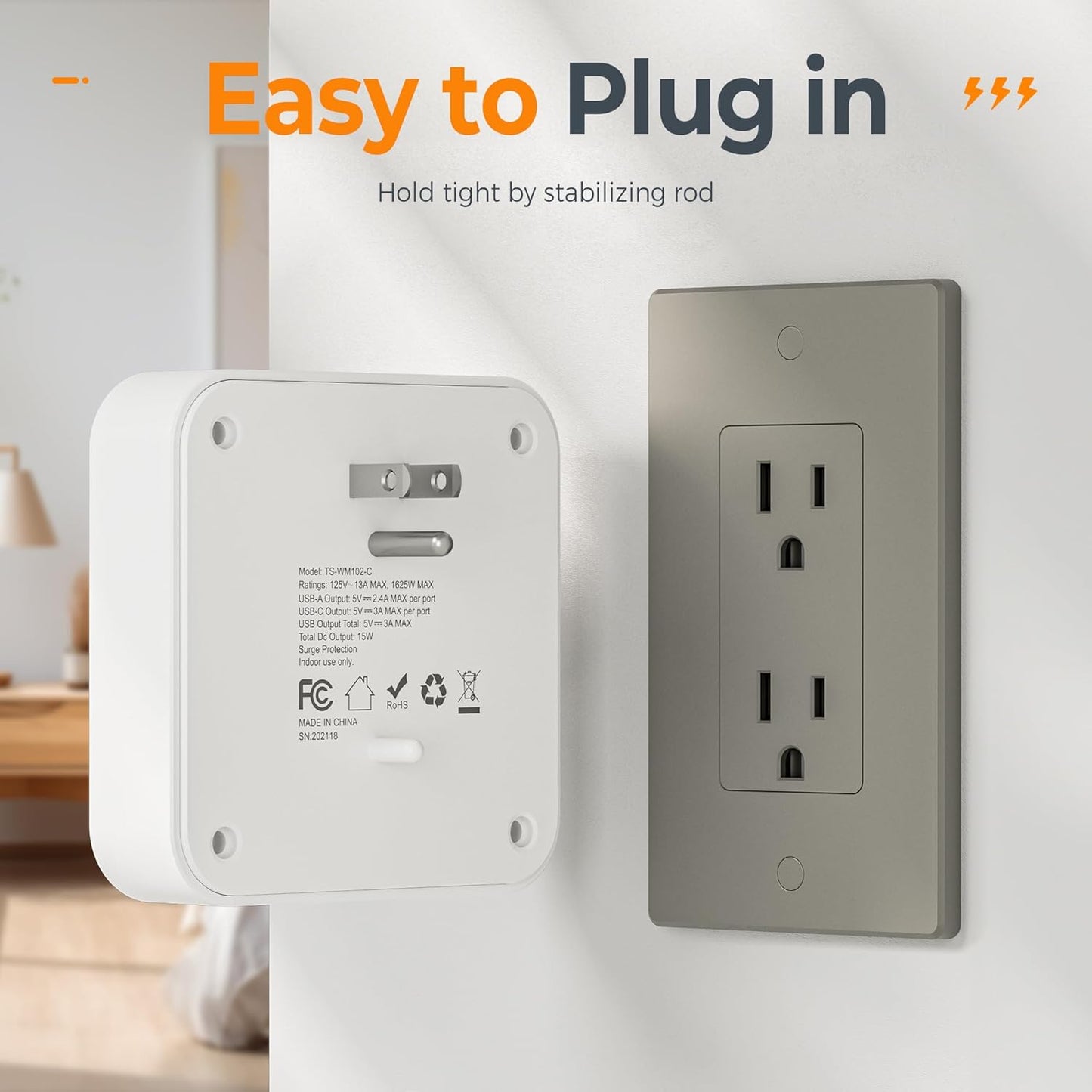Wall Outlet Extender, TESSAN 4 Multi Plug Outlet Splitter with 1 USB C and 2 USB A Charging Ports, Multiple Plug Extension Block with Surge Protector for Home, Kitchen, Office, Dorm, Gray