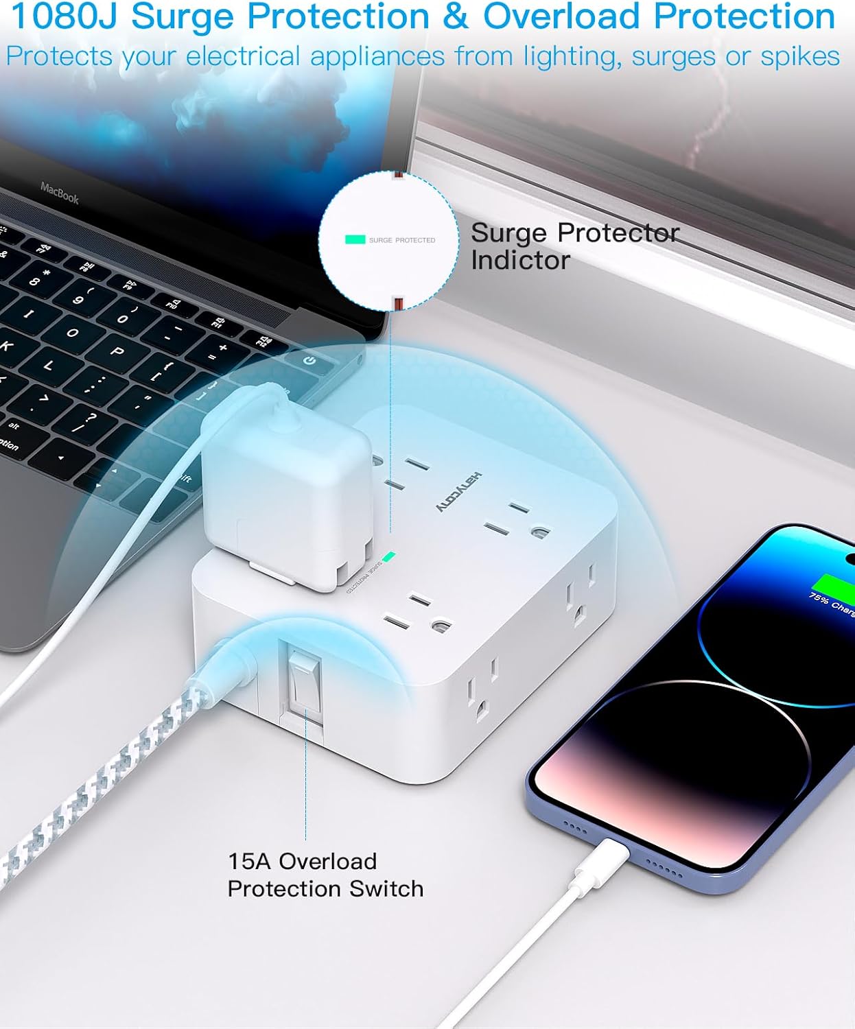 Surge Protector Power Bar - 8 Outlets 4 USB Charging Ports(2 USB C), Power Strip with 5Ft Braided Extension Cord, Flat Plug, Wall Mount Desk USB C Charging Station for Home Office College Essentials