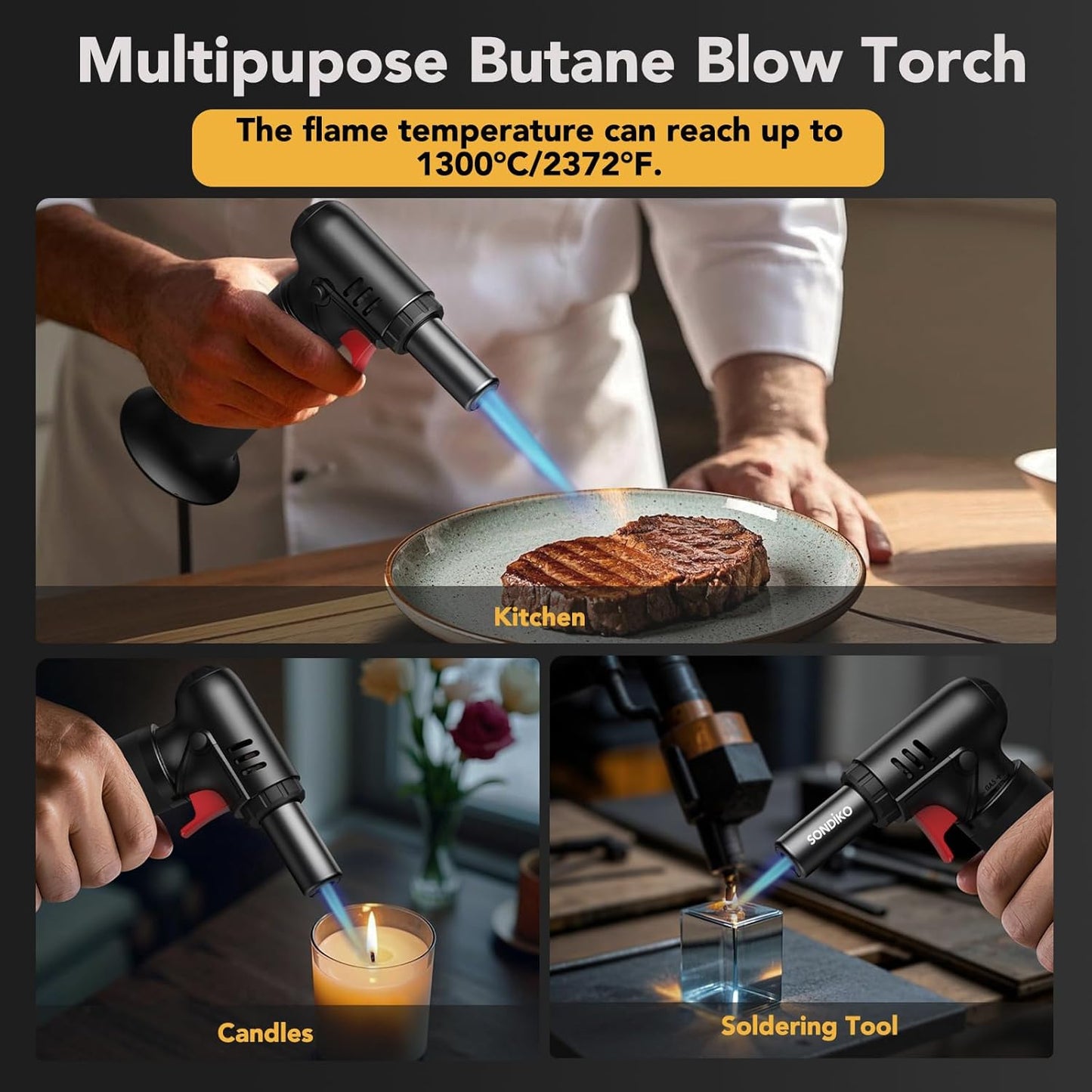 Sondiko Blow Torch with Fuel Gauge, Refillable Butane Torch Lighter with Safety Lock and Adjustable Flame, One-Handed Operation, Fit All Butane Tanks Kitchen Torch