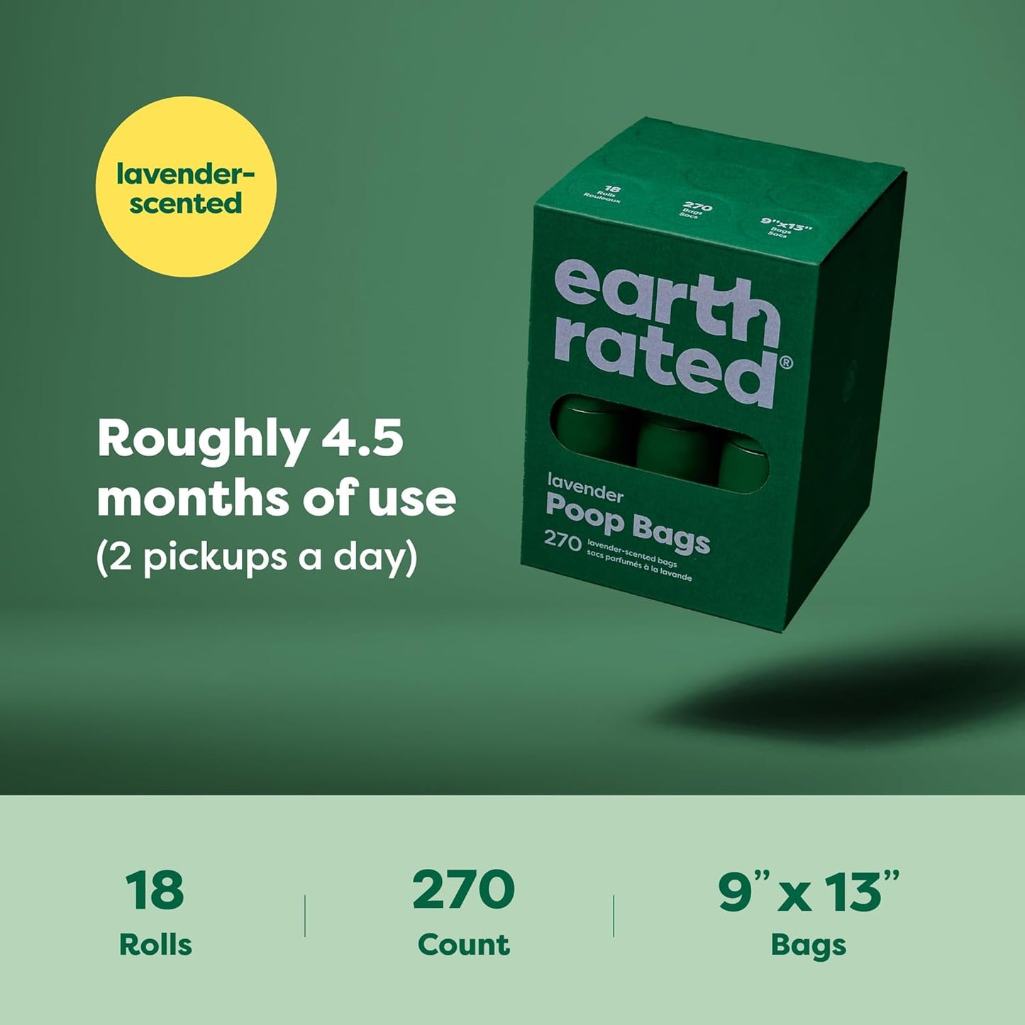 Earth Rated (A Canadian Company), Poop Bags for Dogs, Guaranteed Leak Proof and Extra Thick Waste Bag Refill Rolls, Lavender Scented, 270 Count