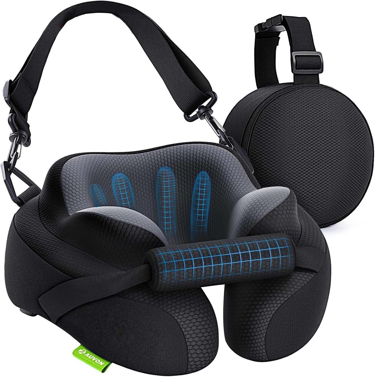 AUVON Travel Neck Pillow for Airplane with Seat Straps to Secure Head & Neck for Relaxing Sleep on Long Flights, Ear-Friendly Design, Supportive Memory Foam Neck Pillow, Breathable Fabric, Carry Case