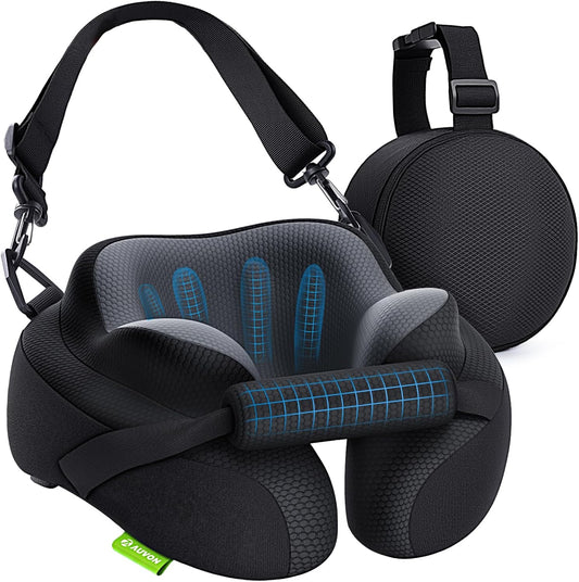 AUVON Travel Neck Pillow for Airplane with Seat Straps to Secure Head & Neck for Relaxing Sleep on Long Flights, Ear-Friendly Design, Supportive Memory Foam Neck Pillow, Breathable Fabric, Carry Case