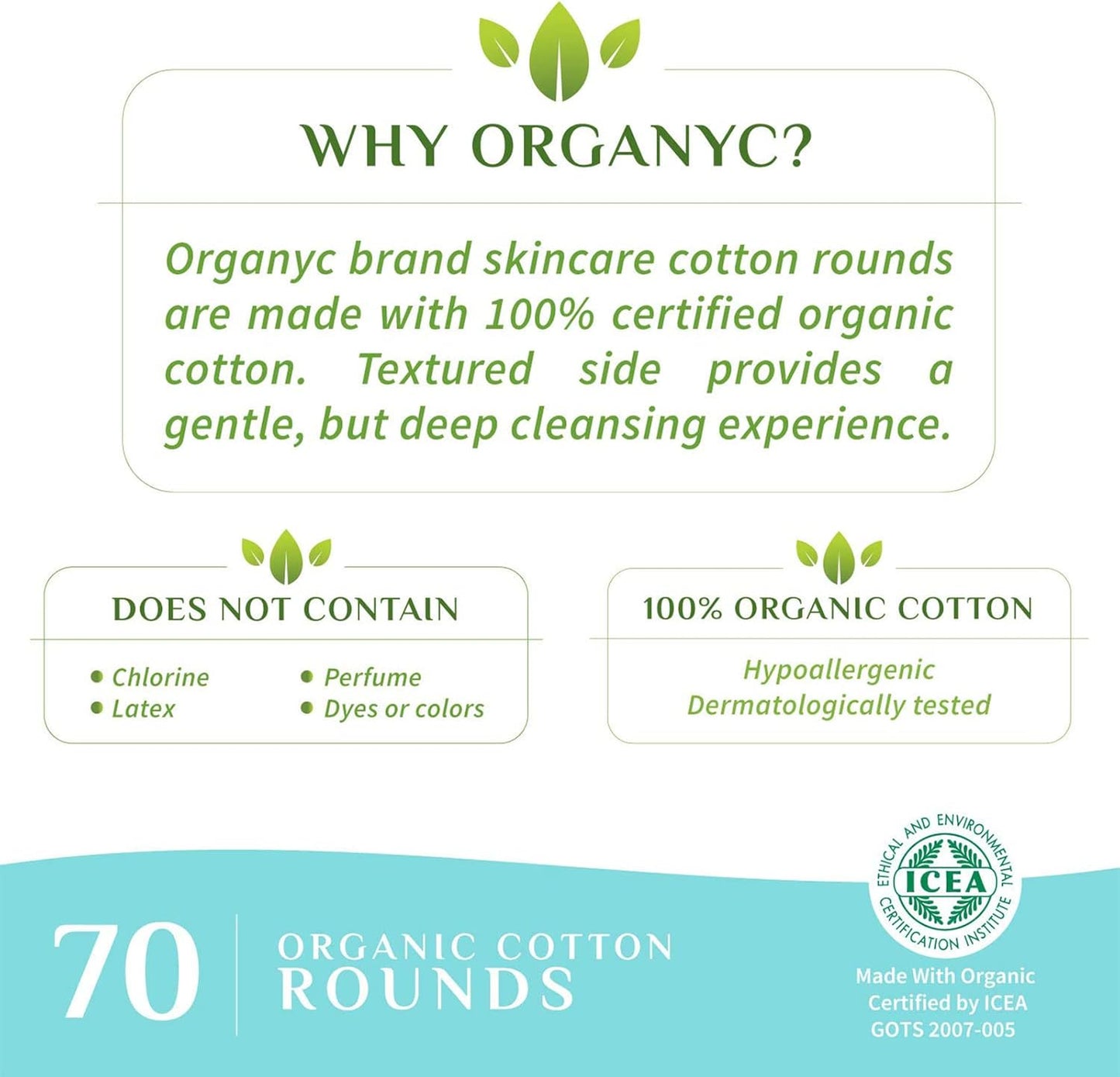 Organyc - 100% Organic Cotton Rounds Chemical Free, For Sensitive Skin (70 Count) - Daily Cosmetics. Beauty and Personal Care