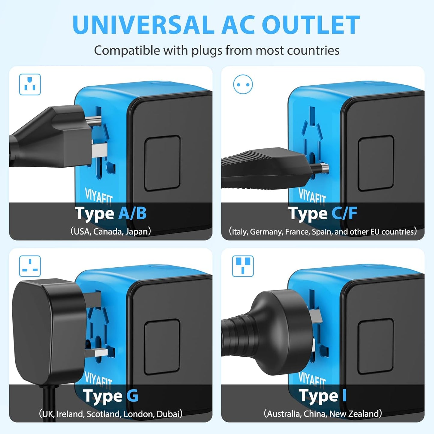 Universal International Travel Power Adapter, All in One Wall Charger with High Speed 2.4A 3xUSB, 3.0A Type-C, European Adapter, Worldwide AC Outlet Plugs for UK, EU, AU & Asia (Blue)