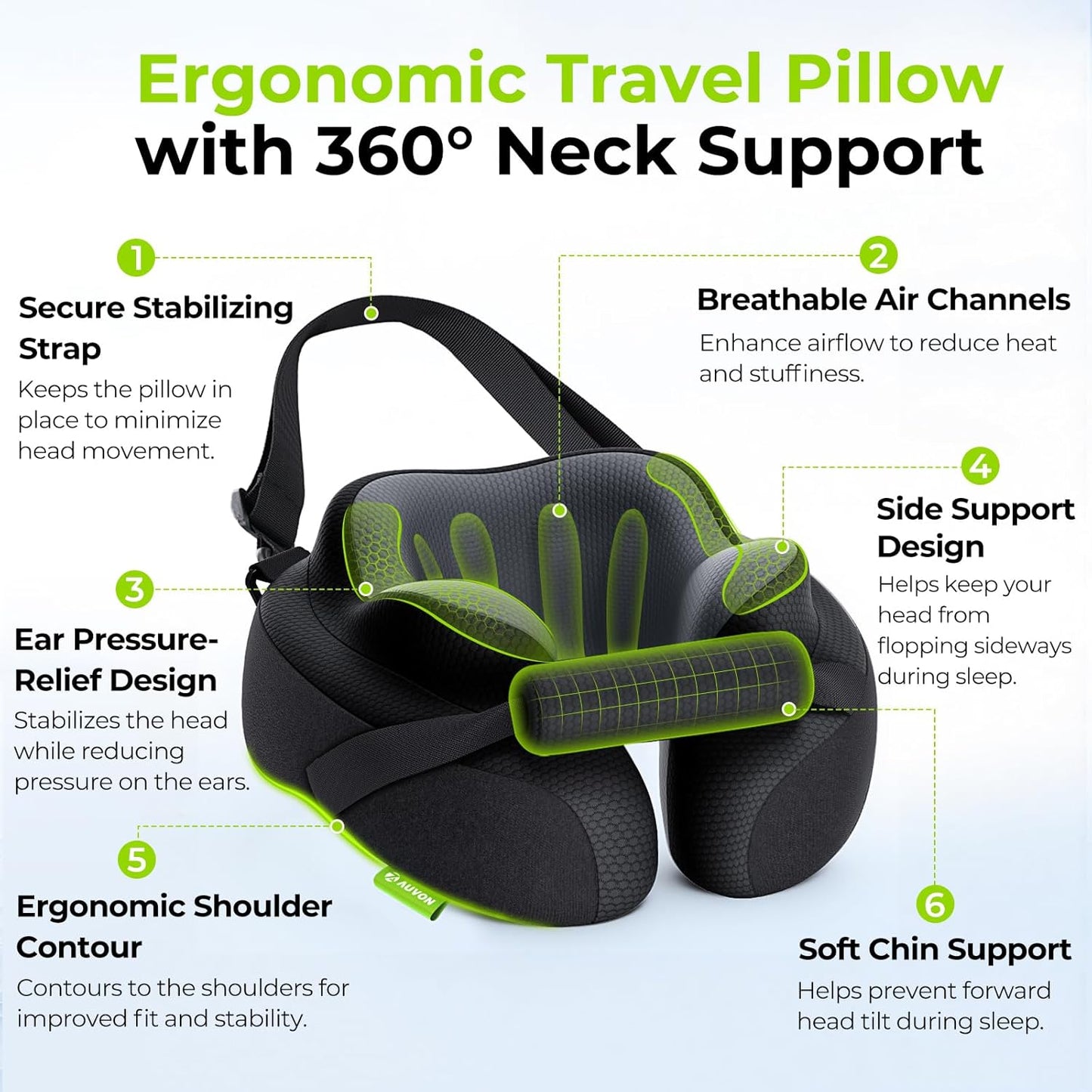 AUVON Travel Neck Pillow for Airplane with Seat Straps to Secure Head & Neck for Relaxing Sleep on Long Flights, Ear-Friendly Design, Supportive Memory Foam Neck Pillow, Breathable Fabric, Carry Case