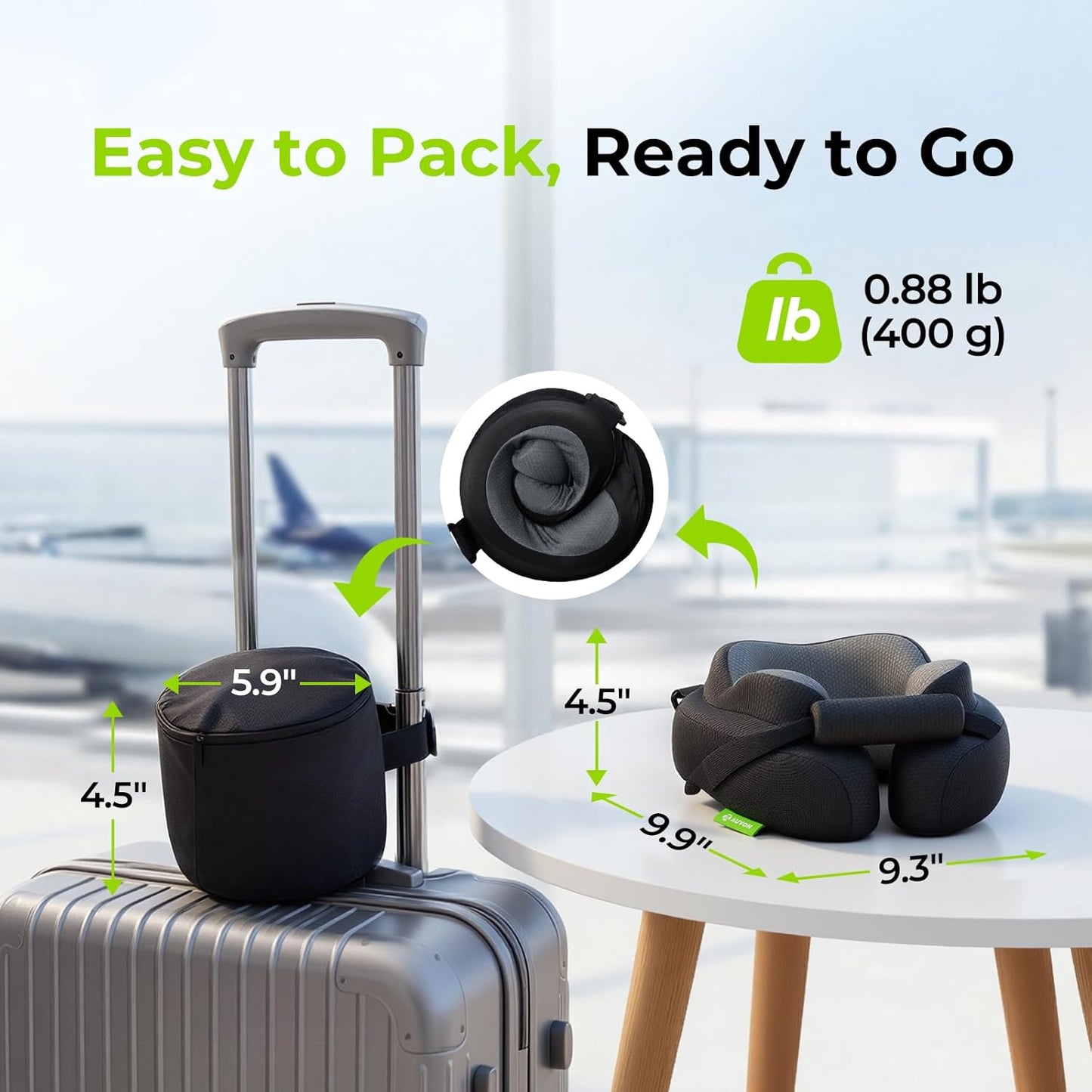 AUVON Travel Neck Pillow for Airplane with Seat Straps to Secure Head & Neck for Relaxing Sleep on Long Flights, Ear-Friendly Design, Supportive Memory Foam Neck Pillow, Breathable Fabric, Carry Case