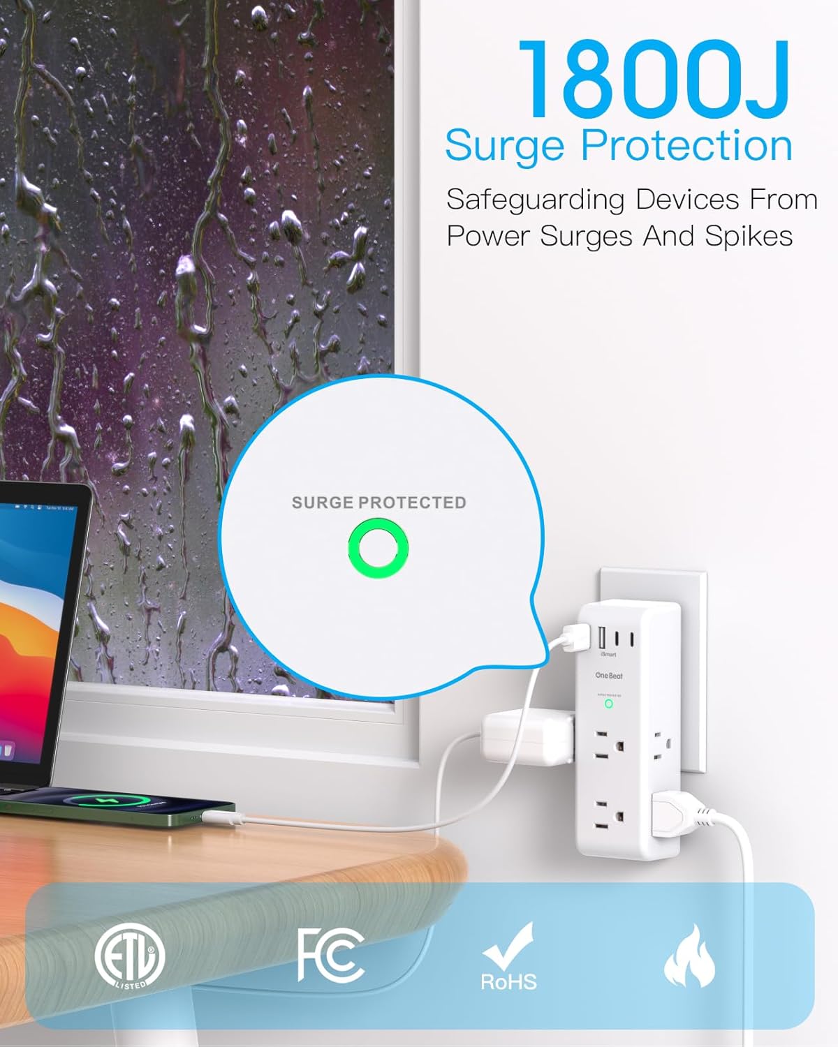 Surge Protector Outlet Extender - with Rotating Plug, 6 AC Multi Plug Outlet with 4 USB Ports (2 USB C), 1800 Joules, 3-Sided Swivel Power Bar with Spaced Splitter for Home, Office, Travel