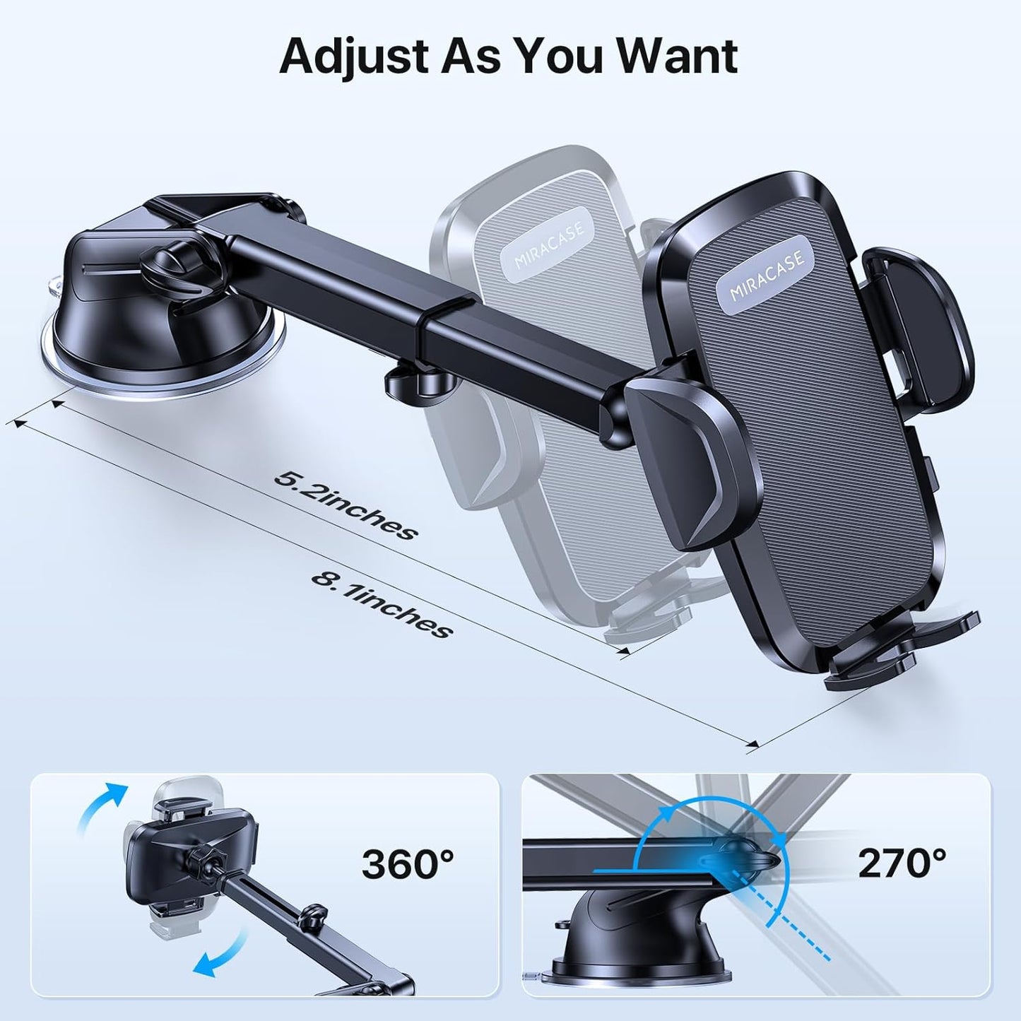 Miracase Car Phone Mount, [Upgraded Strong Military Grade Suction Cup] Long Arm Phone Holder for Car Dashboard Windshield Vent, Hands Free Cell Phone Holder Compatible with All Mobile Phones