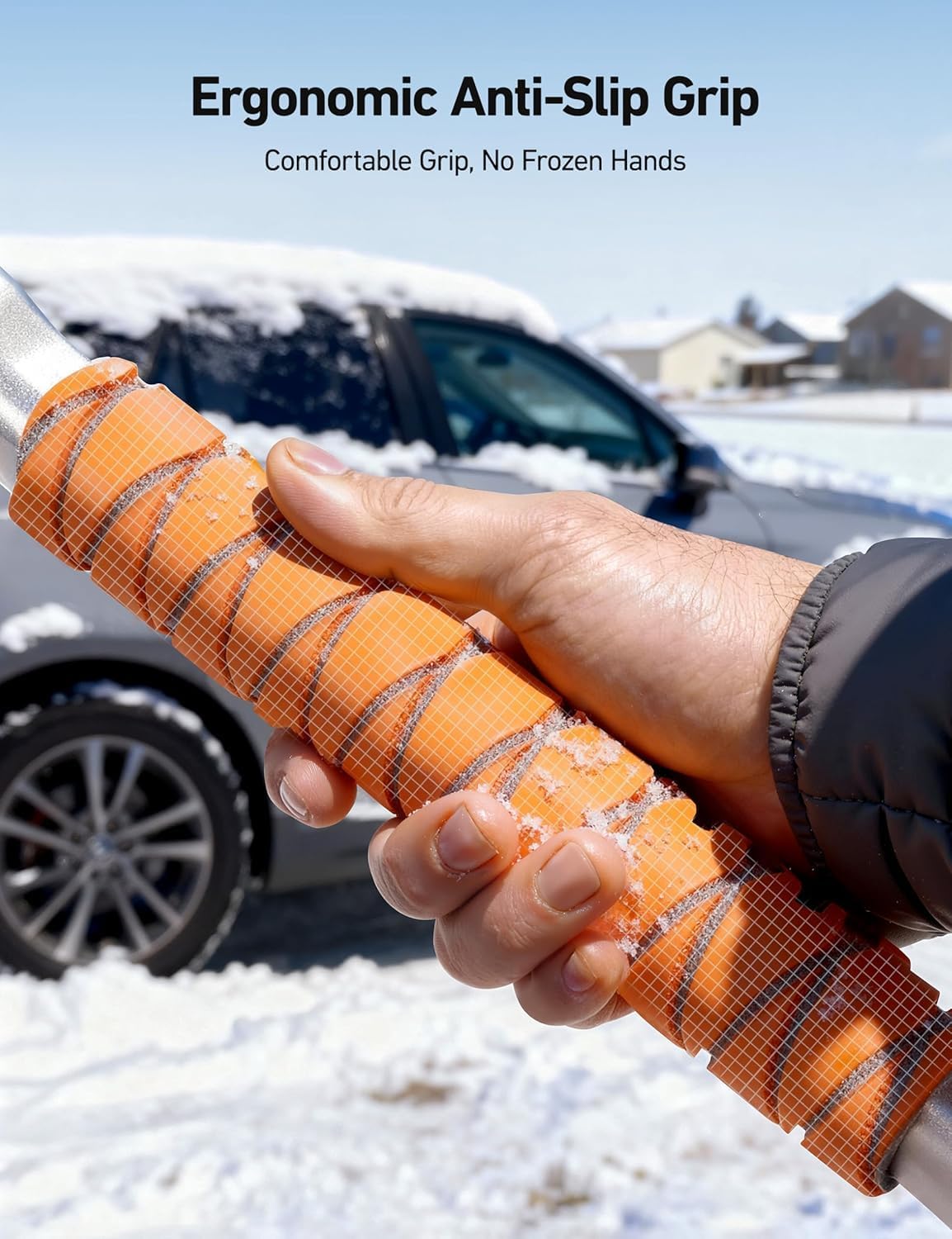 AstroAI 47.2" Extendable Snow Brush for Car Ice Scraper Windshield and Foam Grip with 360° Pivoting Brush Head for Car Auto Truck SUV (Orange)