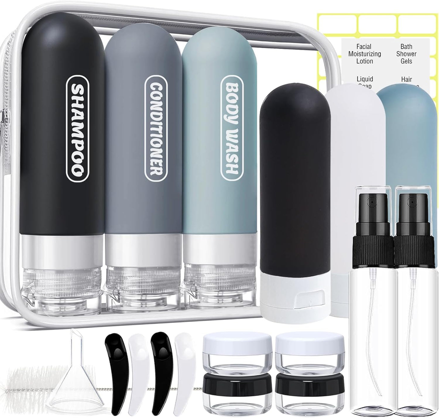20 Pack Travel Bottles Set, TSA Approved Travel Size Toiletries Containers, Leak Proof Travel Shampoo and Conditioner Bottles, Refillable Travel Essentials Toiletry Bottles (Dark Color)