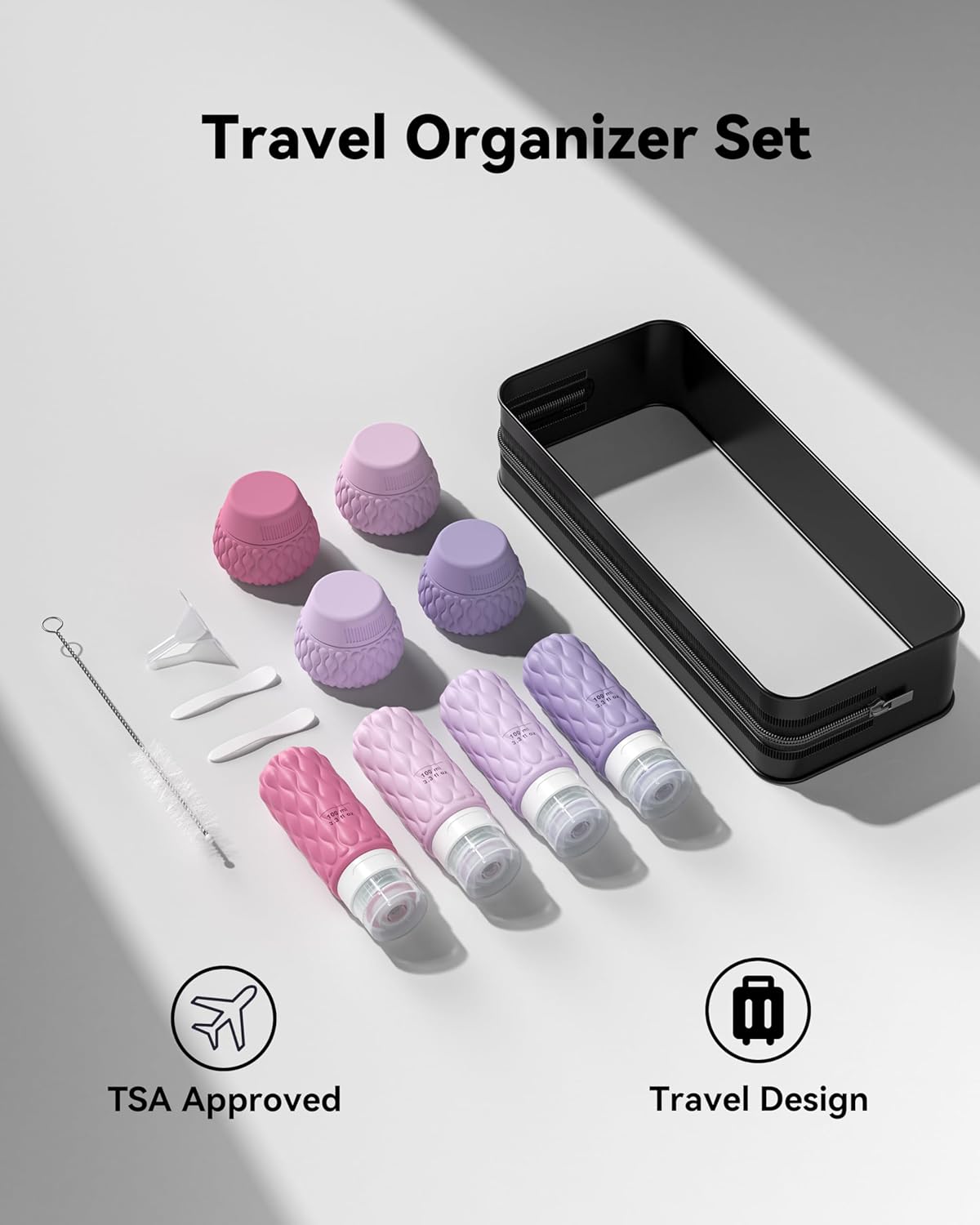 8 Pack Silicone Travel Bottles for Toiletries with Labels/Clear Bag, Holiday Travel Essentials Leakproof Squeeze Travel Size Containers Refillable Cosmetic Jars Set for Shampoo, Conditioner, Creams