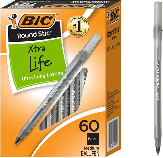 BIC Round Stic Extra Life Ballpoint Pens, School Supplies for Teachers and Students, 60-Count in Black