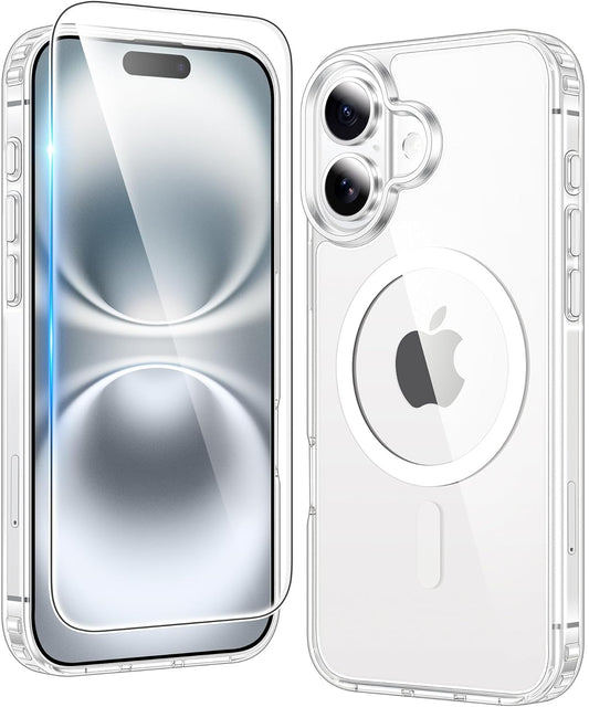 FNTCASE for iPhone 16 Case Clear: Magnetic Phone Cases with Screen Protector Drop Proof Compatible with Magsafe Slim Anti Yellowing Rugged Shockproof Protective Cell Cover (A-Clear Magnetic)