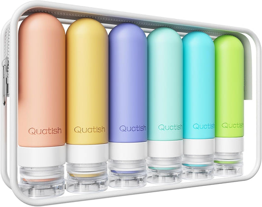 Quatish Travel Size Bottles 6 Pack, Original Patented 3 oz TSA Approved Travel Containers for Toiletries, BPA Free Silicone Travel Shampoo and Conditioner Bottles Leak Proof, Travel Essentials