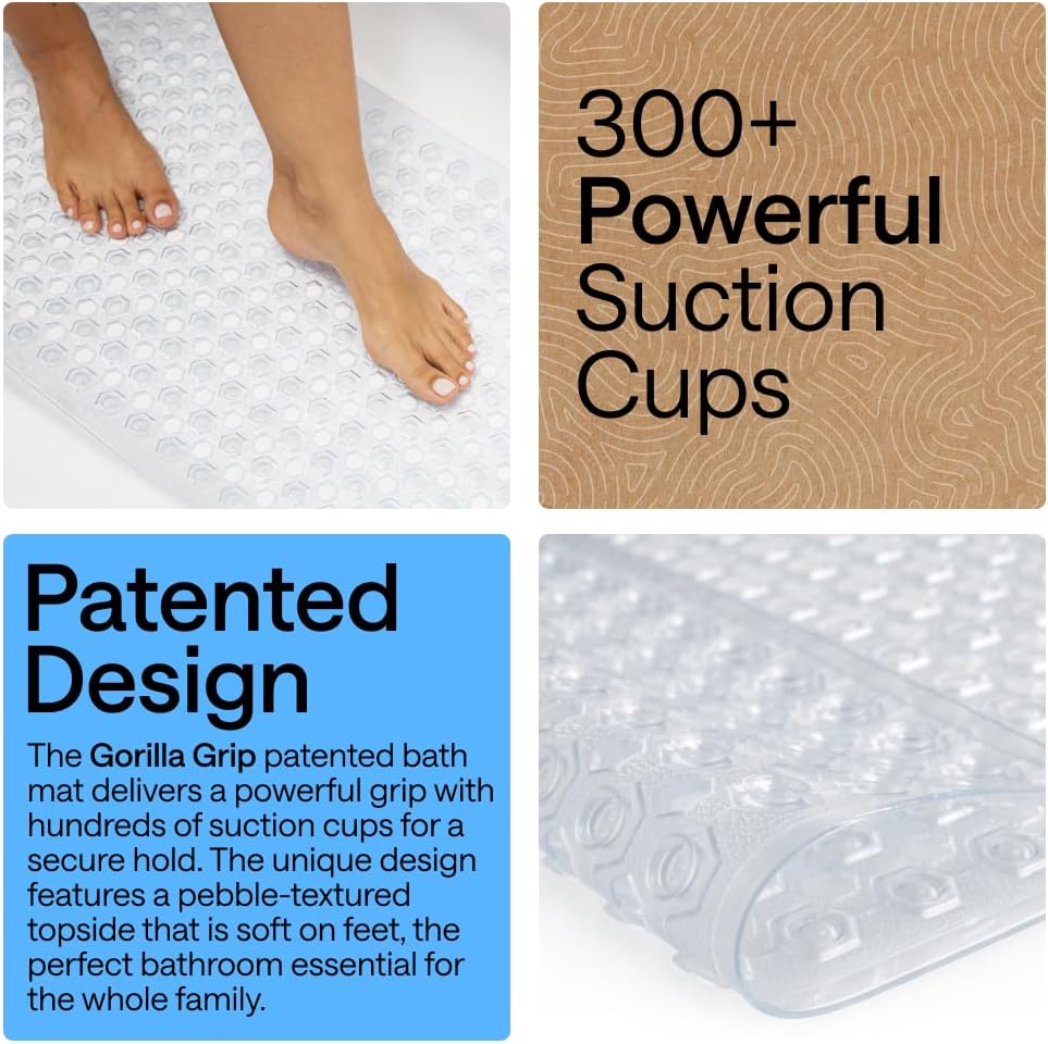 GORILLA GRIP Patented Bath Tub Shower Mat, Machine Washable Bathtub Floor Liner Mats, Suction Cups and Drain Holes to Keep Tubs Clean, Bathroom Essentials, 89x41 cm, Clear