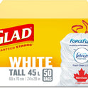 Glad White Garbage Bags - Tall 45 Litres - ForceFlex, Drawstring, with Febreze Fresh Clean Scent, 50 Trash Bags, Made in Canada of Global Components