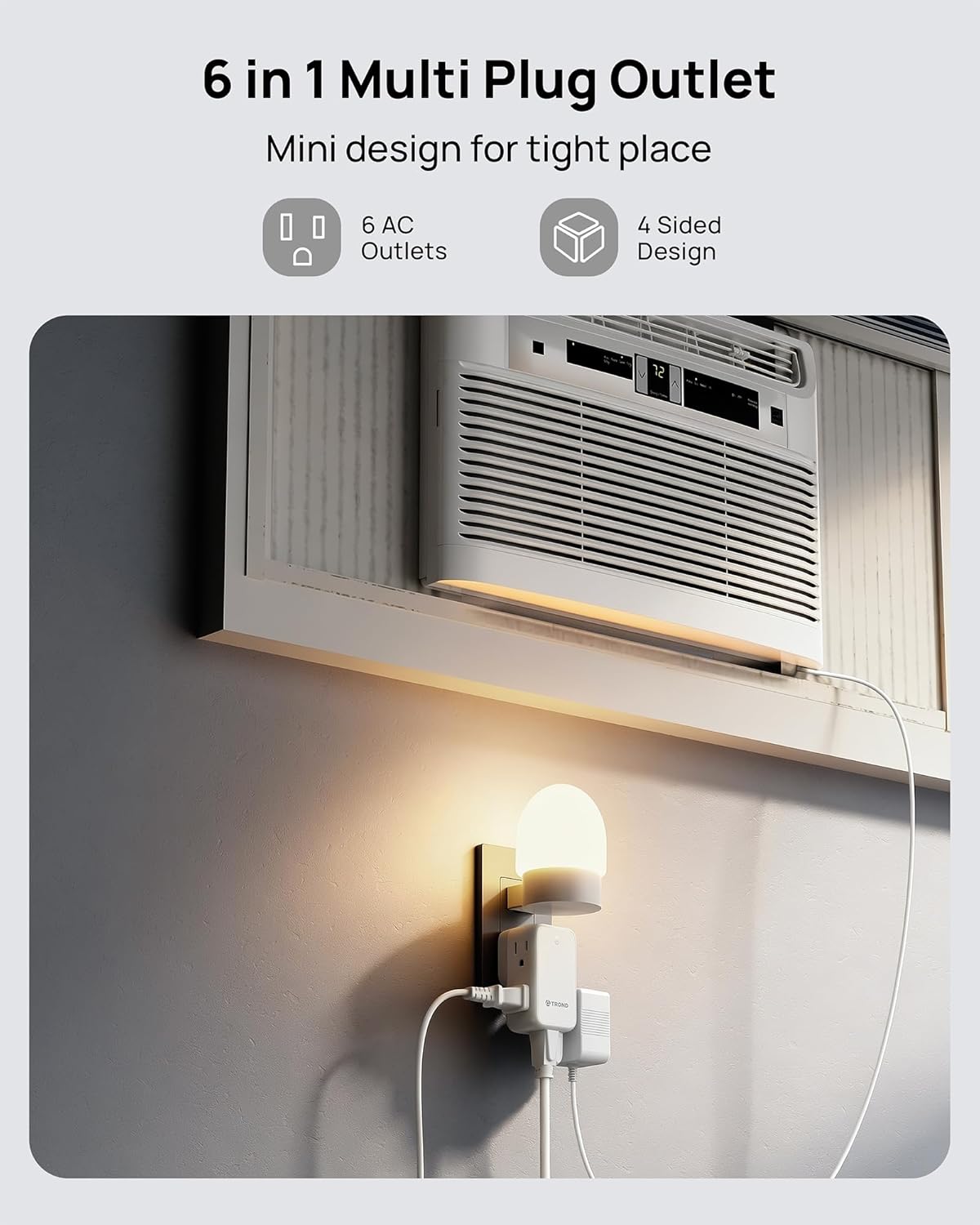 TROND 360° Rotating Multi Plug Outlet Extender, Small Wall Splitter 6 Electrical Charging Ports, Cruise Ship Travel Essentials, No Surge Protector Swivel Flat Power Expander for Home Office, 1875W