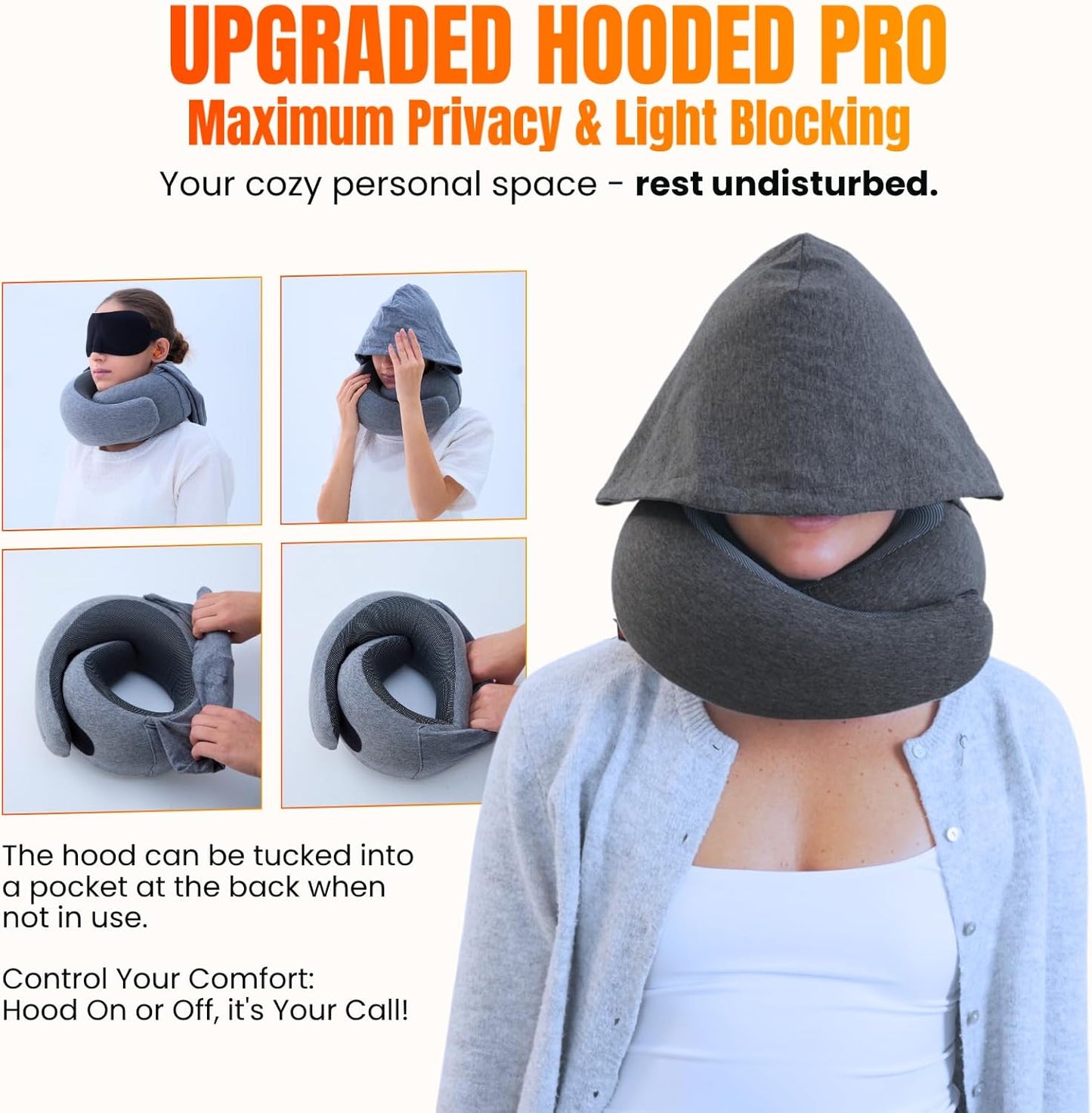 Hooded Pro Travel Pillow - Memory Foam Neck Support Pillow with Hood for Airplane, Flight - 100% Cotton Fabric, Maximum Privacy & Light-Block Design, Lightweight Full Travel Kit - Dark Grey