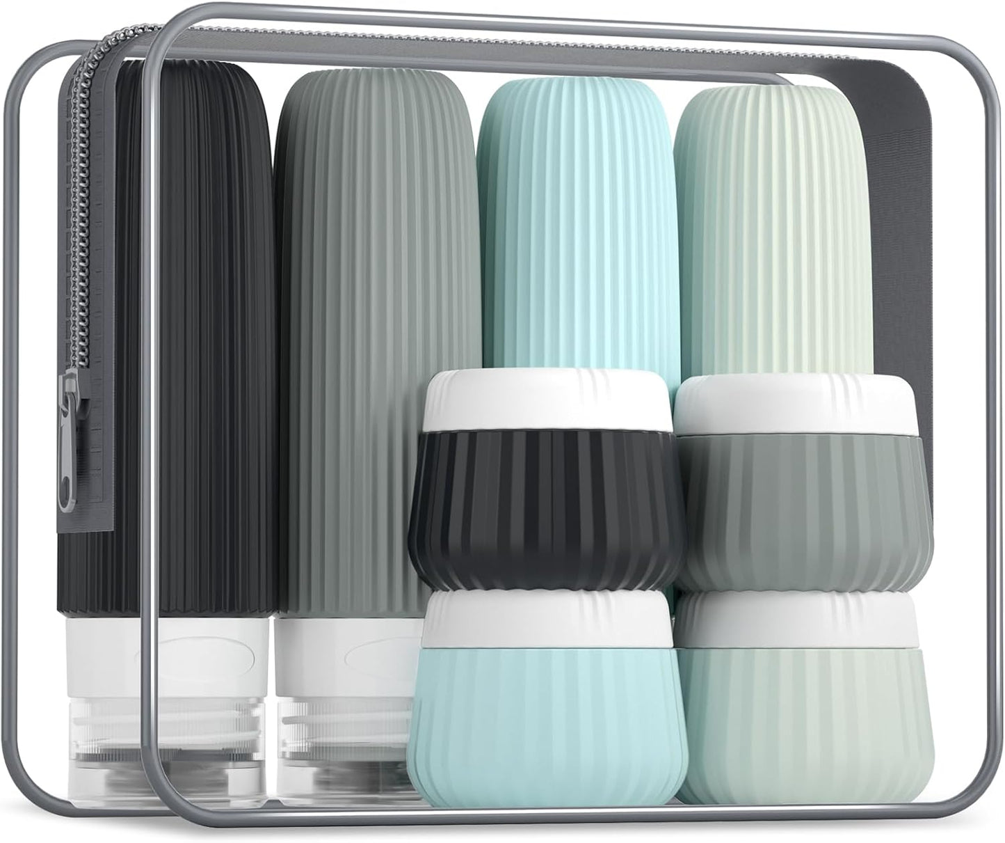 Mrsdry Travel Bottles for Toiletries 8 Pack, Tsa Approved Travel Size Toiletries Containers with Clear Bag, Leak Proof Silicone Squeezable Traveler Essentials Creams Jars