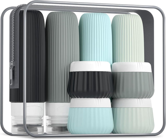 Mrsdry Travel Bottles for Toiletries 8 Pack, Tsa Approved Travel Size Toiletries Containers with Clear Bag, Leak Proof Silicone Squeezable Traveler Essentials Creams Jars