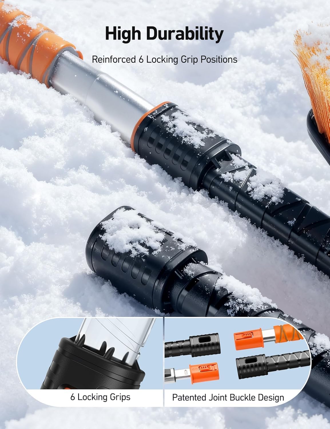 AstroAI 47.2" Extendable Snow Brush for Car Ice Scraper Windshield and Foam Grip with 360° Pivoting Brush Head for Car Auto Truck SUV (Orange)