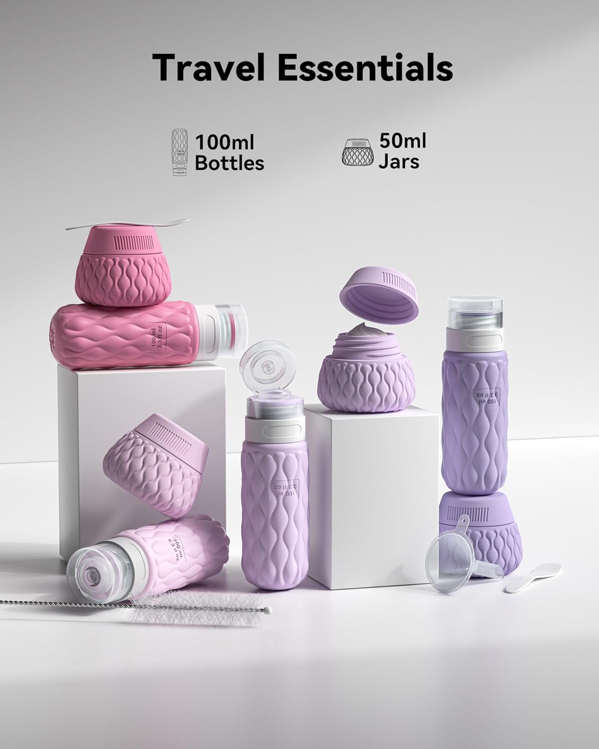 8 Pack Silicone Travel Bottles for Toiletries with Labels/Clear Bag, Holiday Travel Essentials Leakproof Squeeze Travel Size Containers Refillable Cosmetic Jars Set for Shampoo, Conditioner, Creams