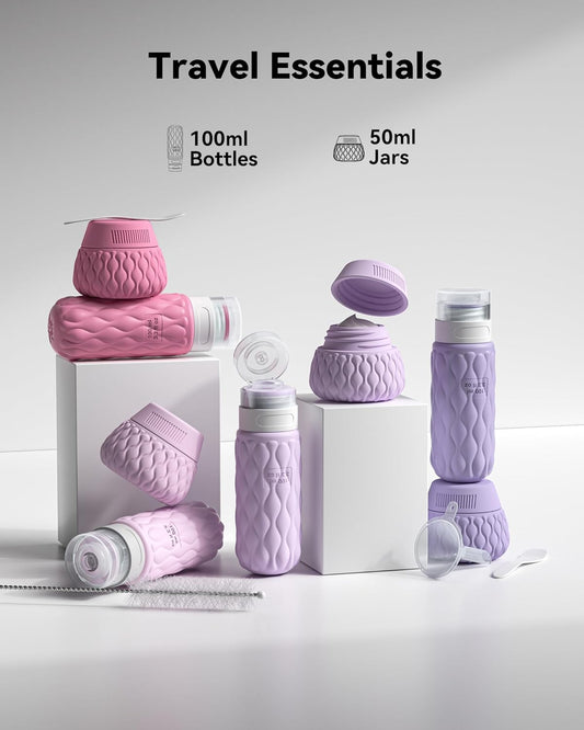 8 Pack Silicone Travel Bottles for Toiletries with Labels/Clear Bag, Holiday Travel Essentials Leakproof Squeeze Travel Size Containers Refillable Cosmetic Jars Set for Shampoo, Conditioner, Creams