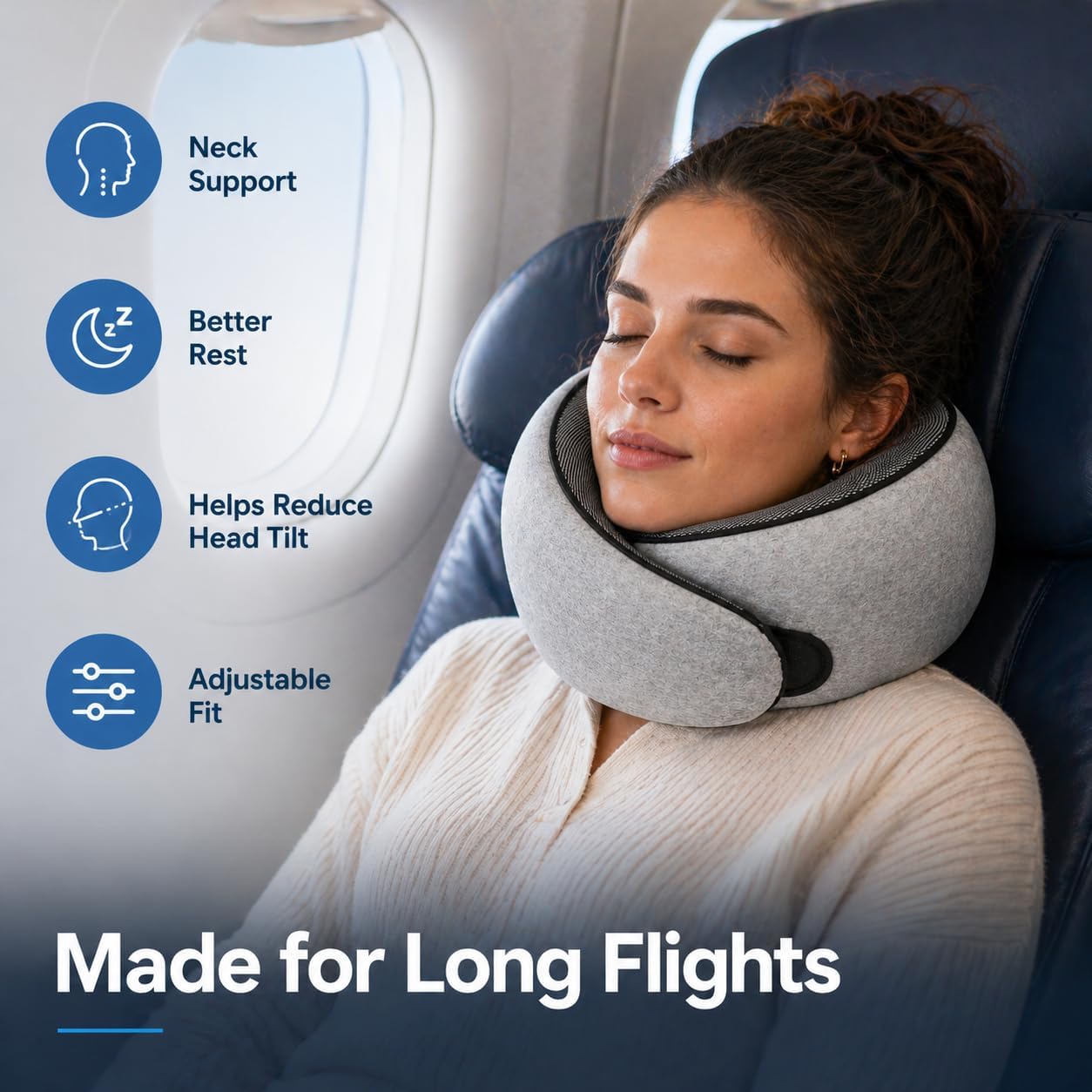 Purroch Neck Pillow Airplane, Travel Pillow with Eye Mask & Earplugs, Memory Foam Pillow with Adjustable Velcro Strap, Pillows for Travel, Plane, Car, Home, Work, Light Grey