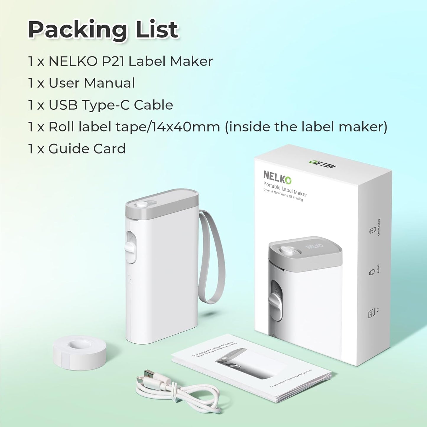 Nelko Label Maker Machine with Tape, P21 Portable Bluetooth Label Printer, Wireless Built-in Cutter Sticker Maker Mini Label Makers with Multiple Templates for School Organizing Office Home, White