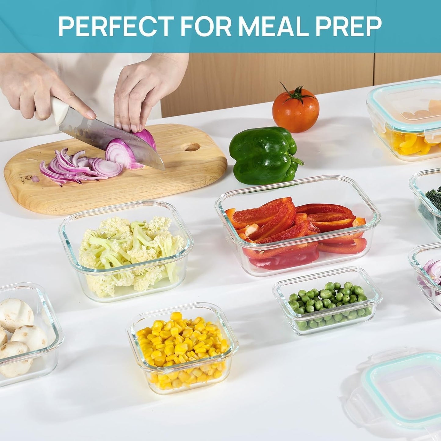 Vtopmart 8 Pack Glass Container Food Storage, Meal Prep Containers, Airtight Lunch Boxes with Leak Proof Locking Lids, for Microwave, Oven, Freezer and Dishwasher, Green