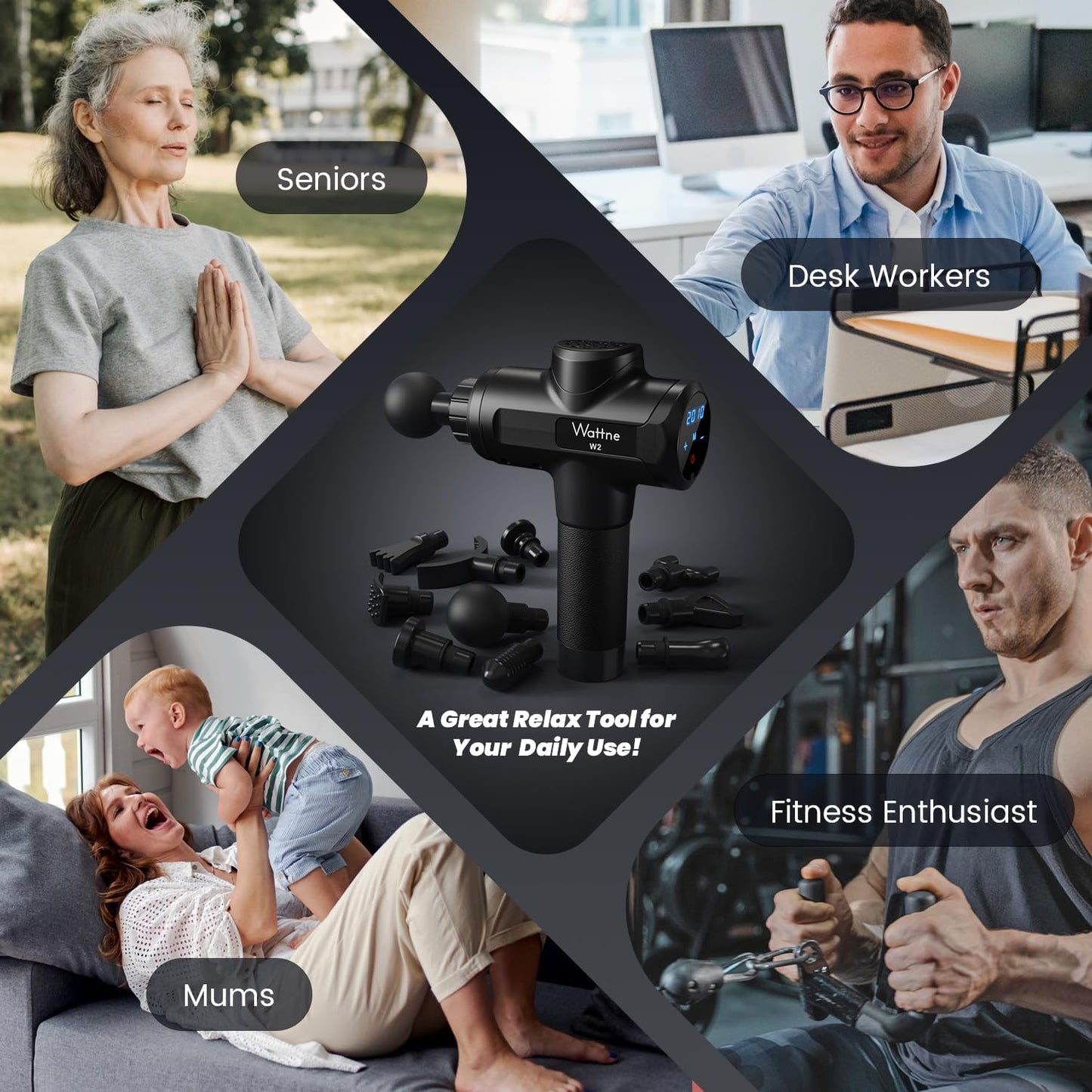 Muscle Massage Gun Deep Tissue Percussion Massager - Portable Handheld Sport Massagers for Athletes, Quiet & Powerful Brushless Motor Cordless, 20 Speed Level,Wattne W2 (Black)