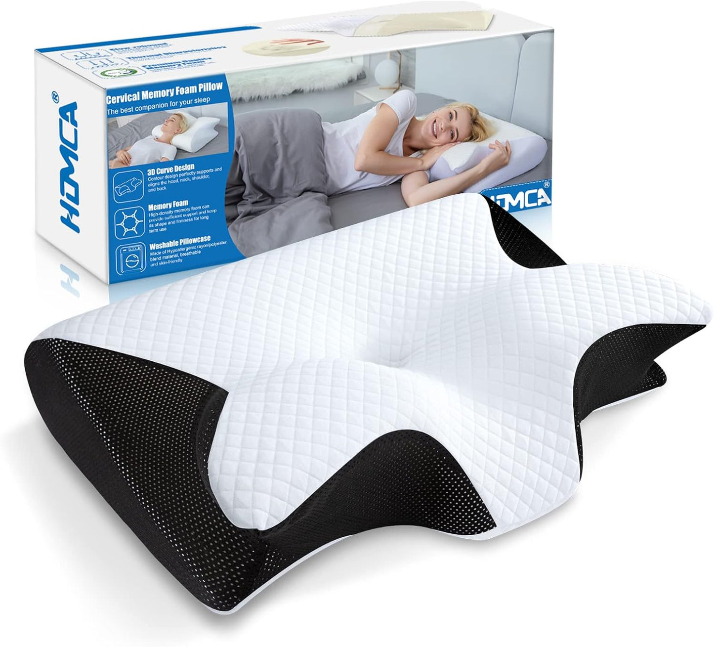 HOMCA Memory Foam Pillow, 2 in 1 Cervical Pillow for Neck Pain Relief, Ergonomic Neck Support Pillows for Side Back Stomach Sleepers with Breathable Pillowcase (Black)