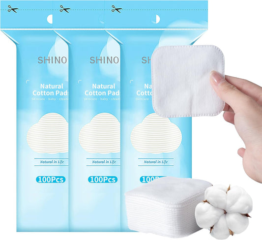 SHINO Premium Natural Square Cotton Pads,300 Ps XL Biodegradable Pads, Makeup Remover Pads for Sensitive Skin - Beauty, Personal Care, Baby Care & Daily Cosmetics (Pack of 3）