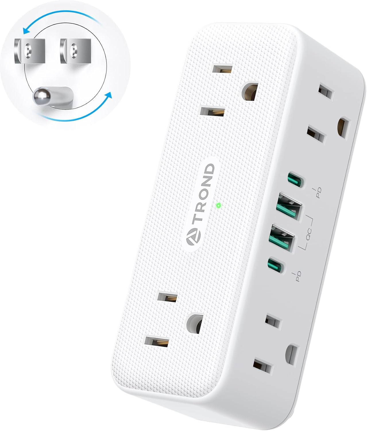 TROND 360° Rotating Plug Surge Protector Outlet Extender, 6 Multi Flat Charging Plug Splitters with 2 PD 20W USB C Ports, 3 Side Electrical Wall Adapter for Home Office Dorm Bathroom Travel Essentials