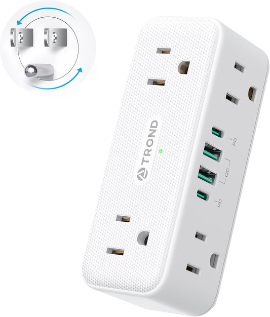 TROND 360° Rotating Plug Surge Protector Outlet Extender, 6 Multi Flat Charging Plug Splitters with 2 PD 20W USB C Ports, 3 Side Electrical Wall Adapter for Home Office Dorm Bathroom Travel Essentials