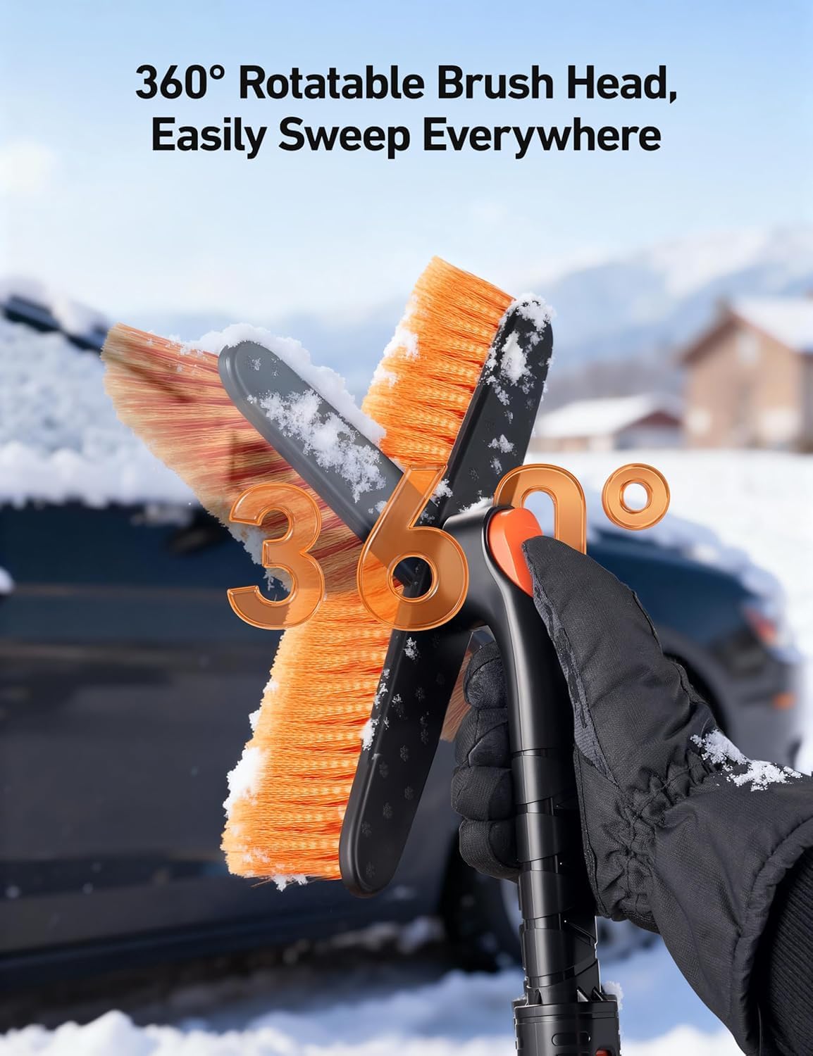 AstroAI 47.2" Extendable Snow Brush for Car Ice Scraper Windshield and Foam Grip with 360° Pivoting Brush Head for Car Auto Truck SUV (Orange)