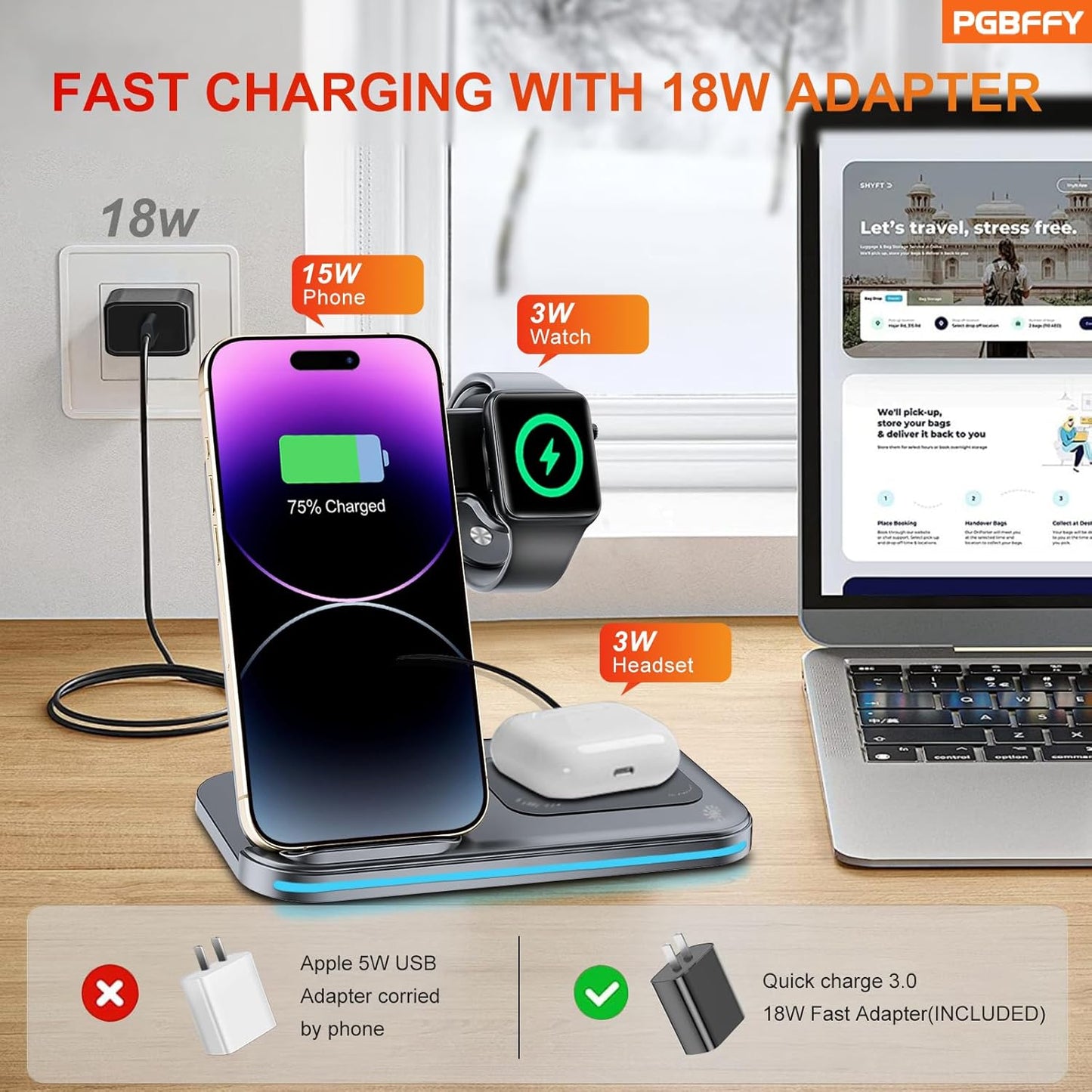 Wireless Charger, 3 in 1 Charging Station, Fast Charging Station Foldable Charging Stand, Wireless Charging Station for Multiple Devices, Compatible with lPhone 17/16/15/14/13 Pro Max Airpods Watch