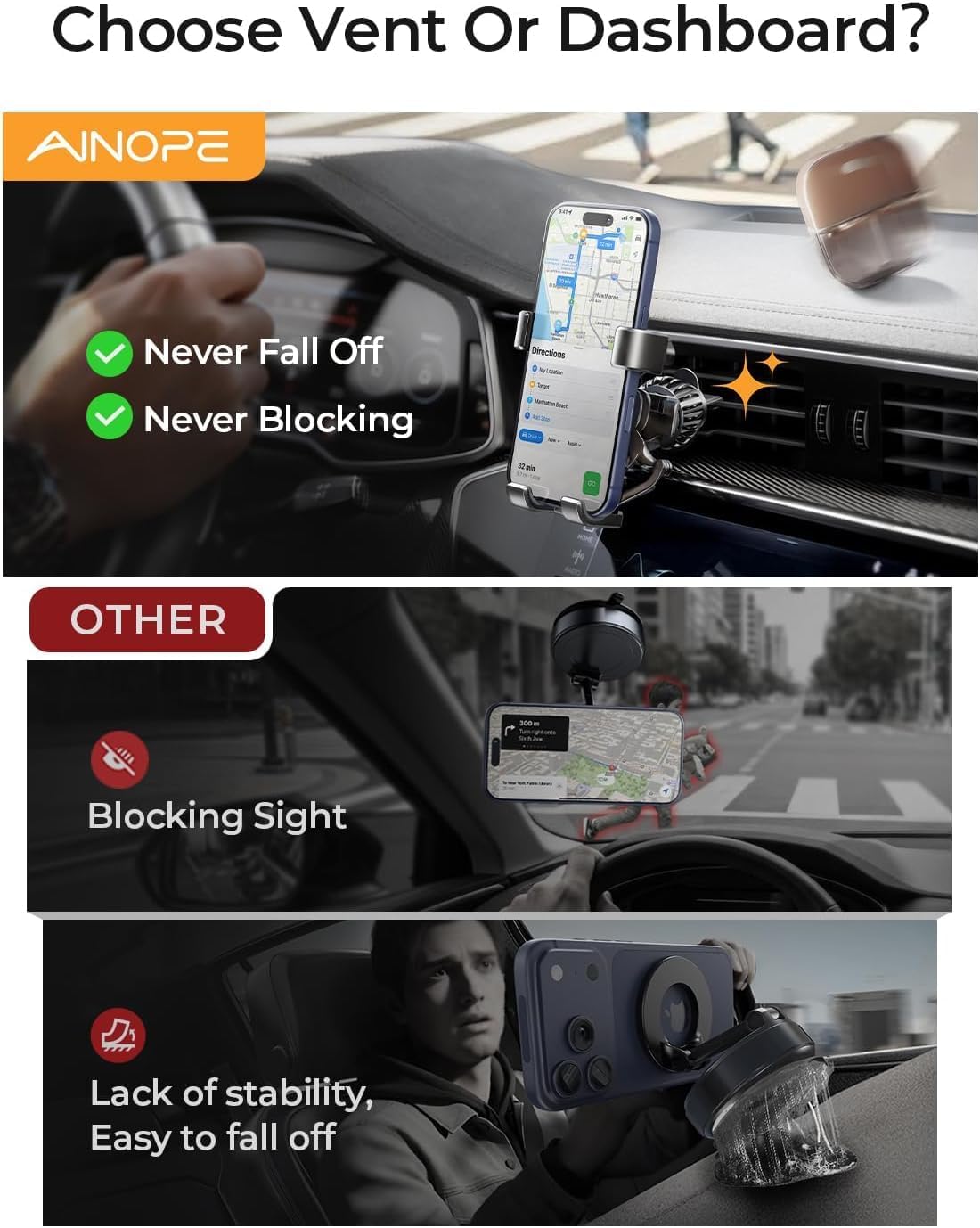 AINOPE Phone Holder for Car Vent【2026 Auto Lock】 Car Phone Holder Mount for Car Accesorries for Women Men Mom, Cell Phone Holder Car Vent Clip Hand Free for All 4-7 Inch iPhone 17 16 Pro Samsung S25