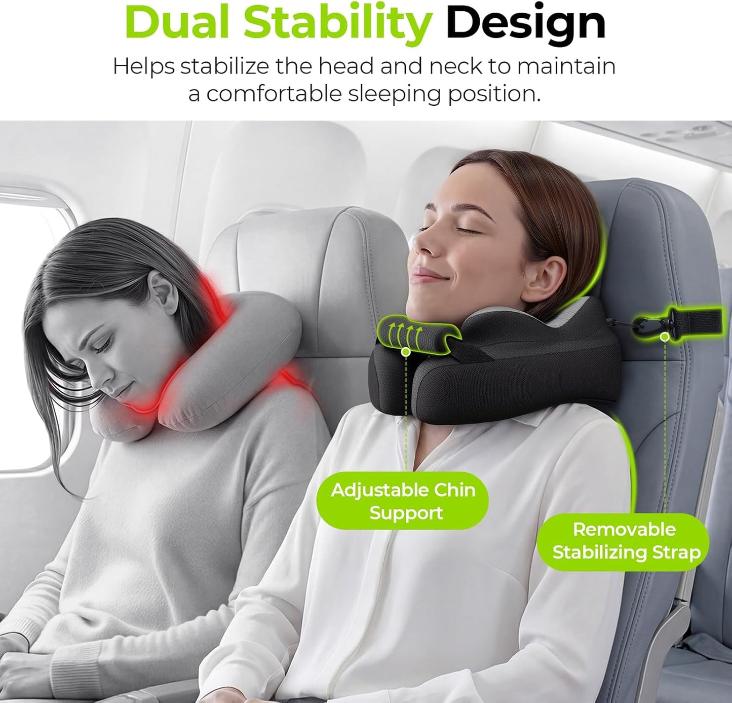 AUVON Travel Neck Pillow for Airplane with Seat Straps to Secure Head & Neck for Relaxing Sleep on Long Flights, Ear-Friendly Design, Supportive Memory Foam Neck Pillow, Breathable Fabric, Carry Case