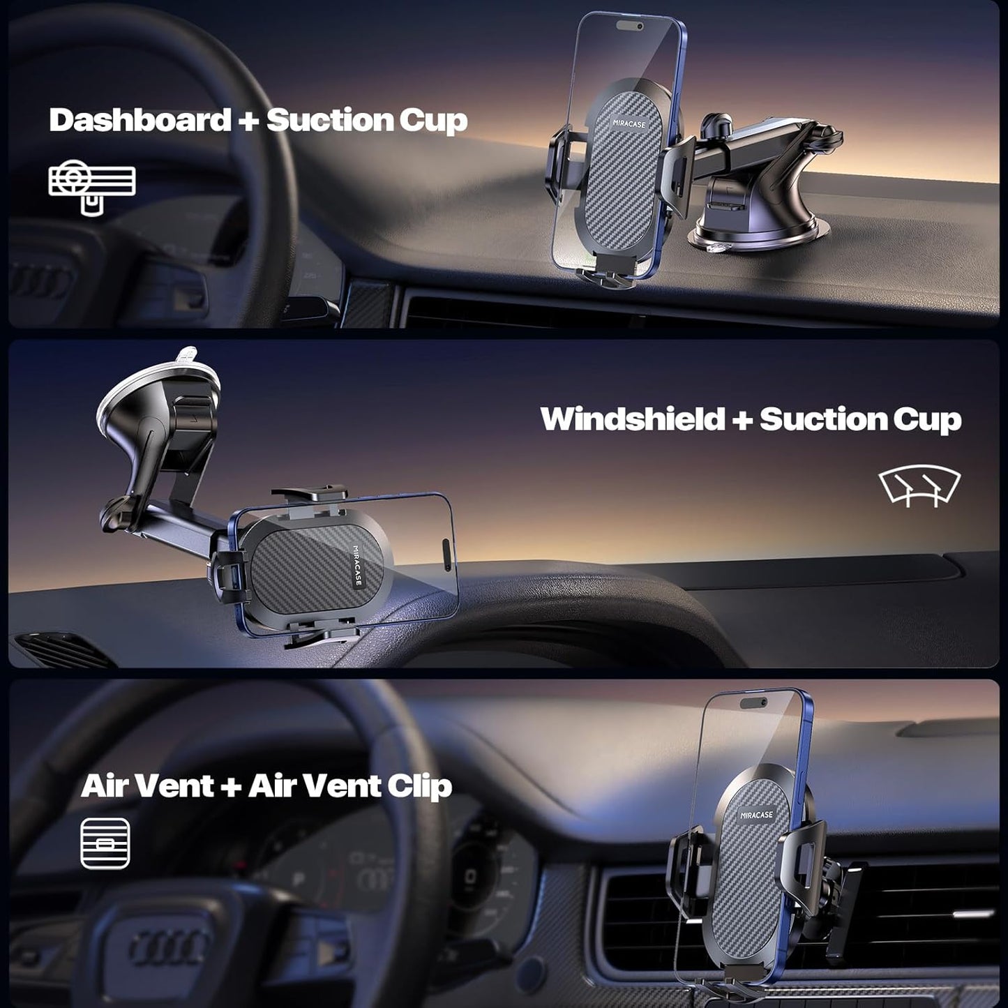 Miracase Phone Holder for Your Car, GPS Vehicle Mounts with Suction Cup Base & Vent Hook, Long Adjustable Arm & 360° Rotation for Multiple Viewing Angles, Compatible with 4-7.2 Inch Phones